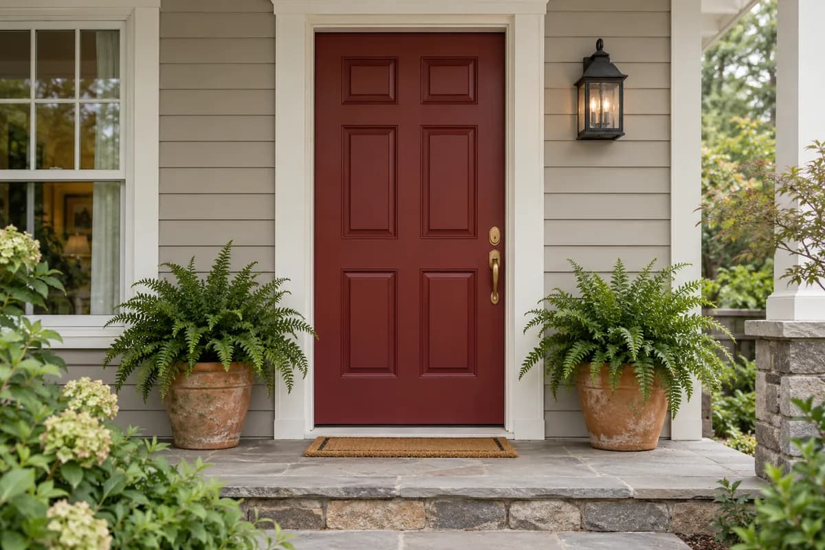 Deep red front door with white trim and potted ferns