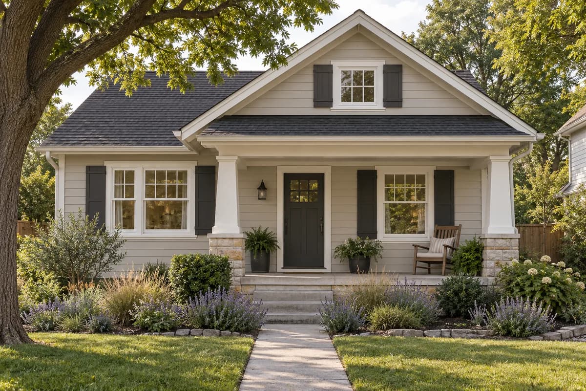 Warm greige bungalow with charcoal shutters and white porch trim