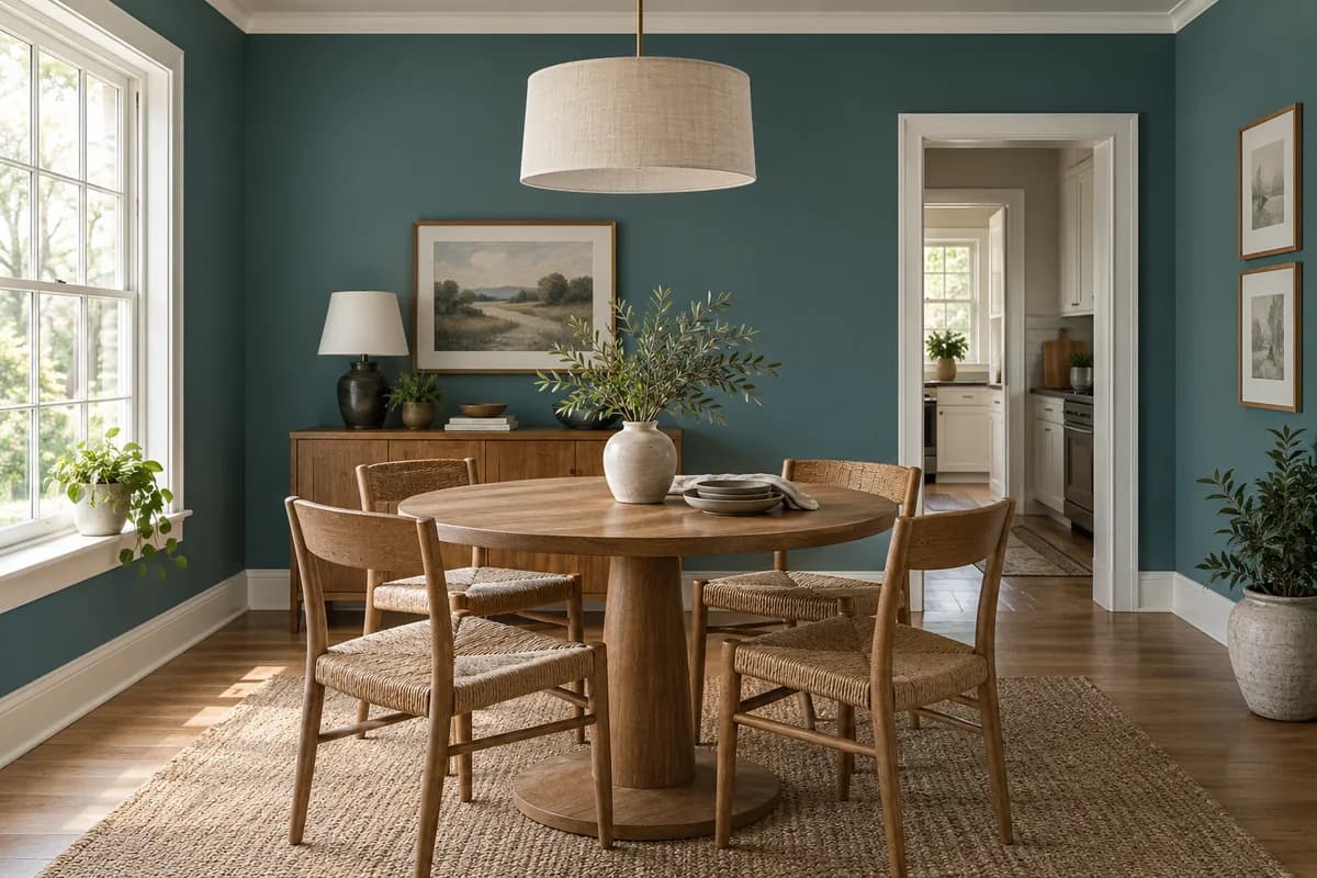 Deep teal dining room with a round oak table and woven chairs