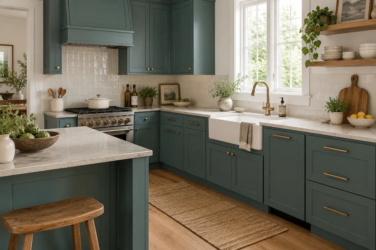 Teal kitchen cabinets with pale stone counters and brass handles