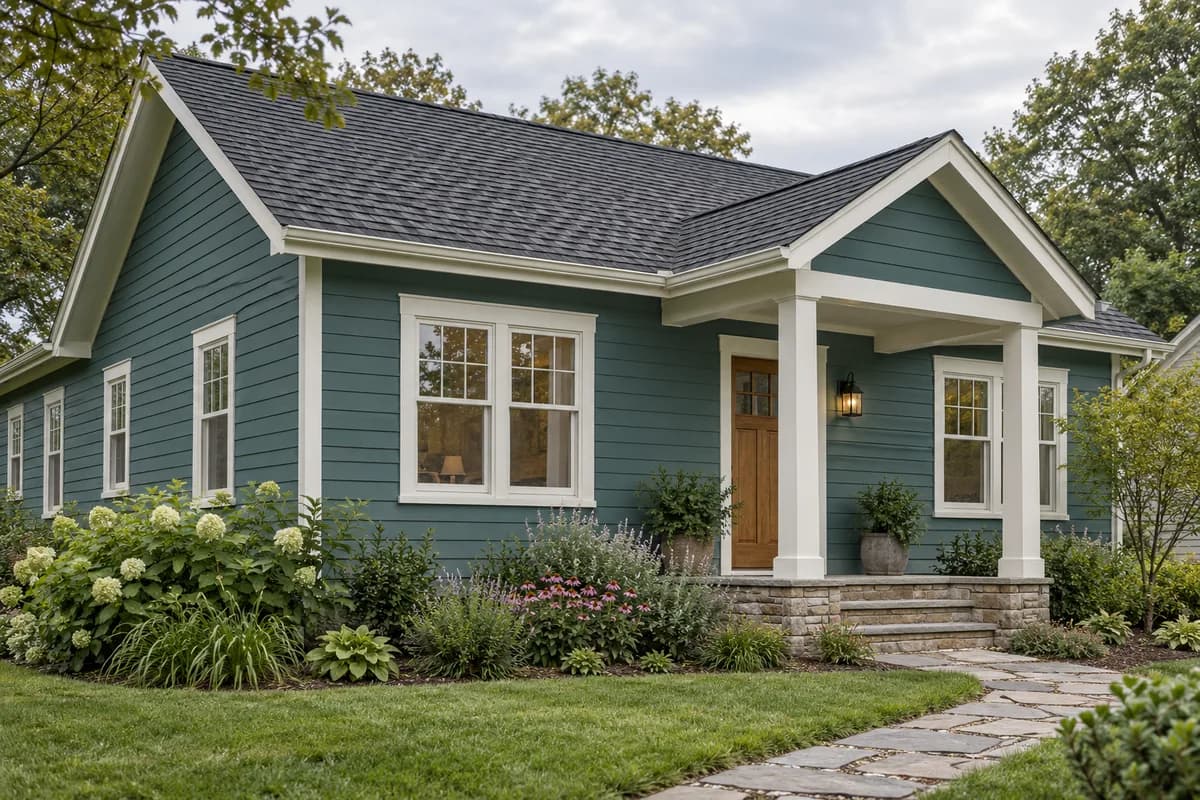 Teal clapboard cottage with white porch posts and a dark roof