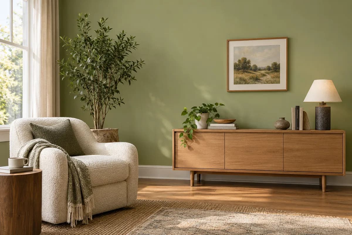 Green accent wall with an oak sideboard and cream reading chair