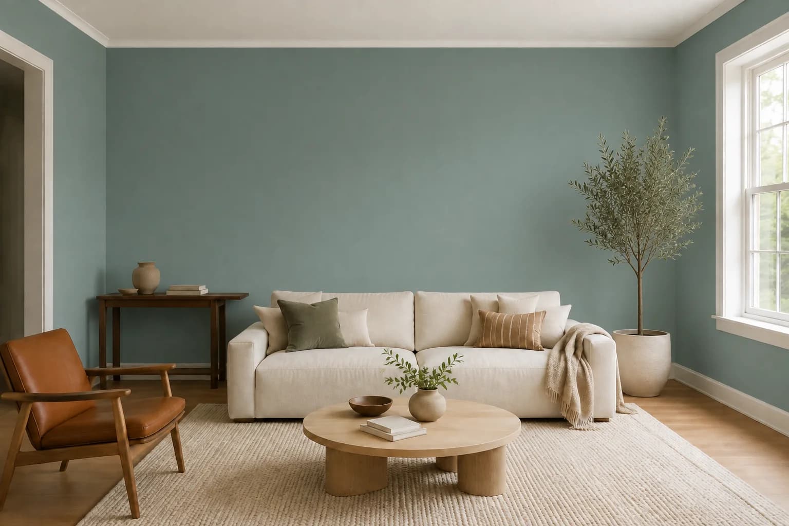 Teal living room with a cream sofa and warm wood furniture