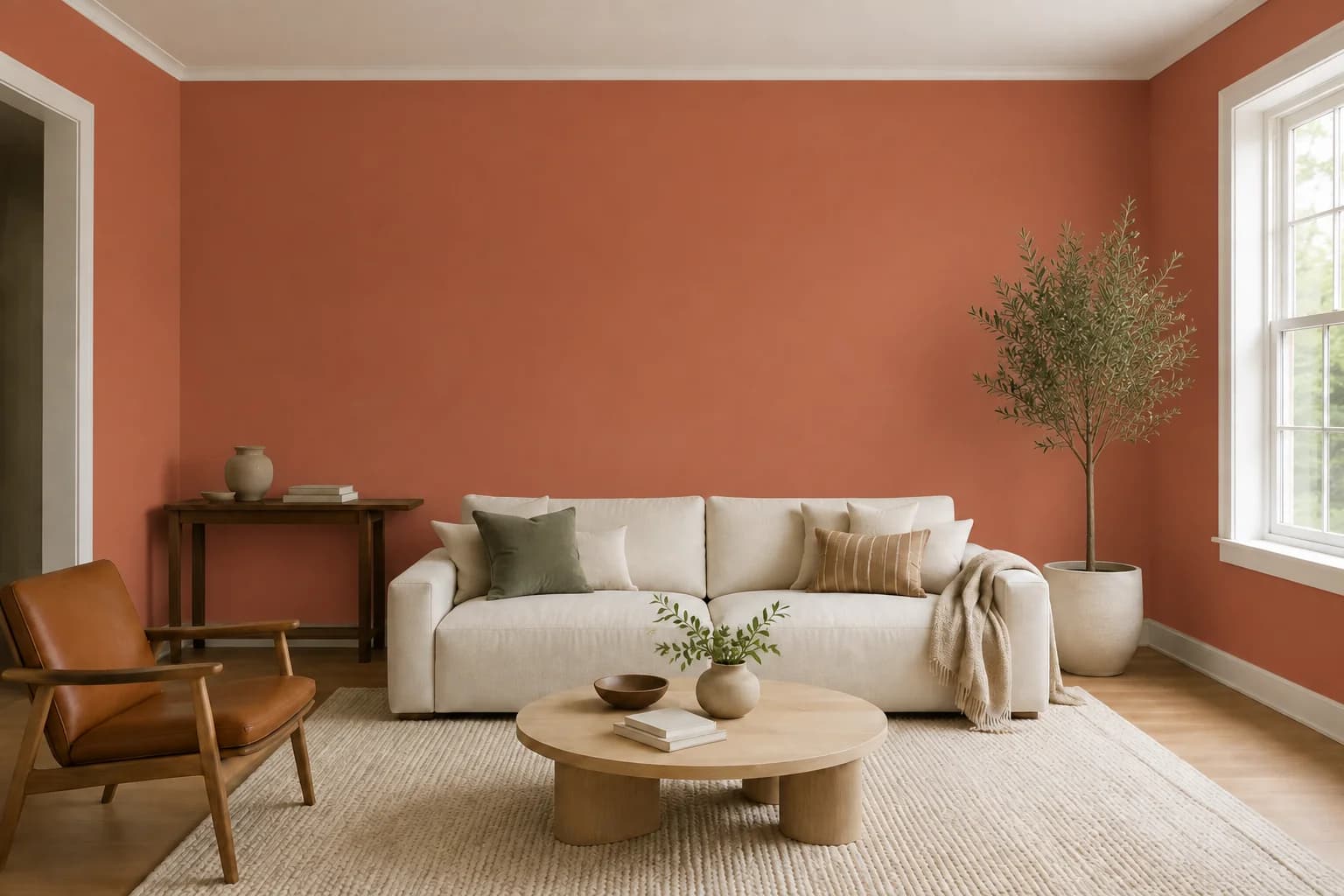 Living room with terracotta walls and a cream sofa