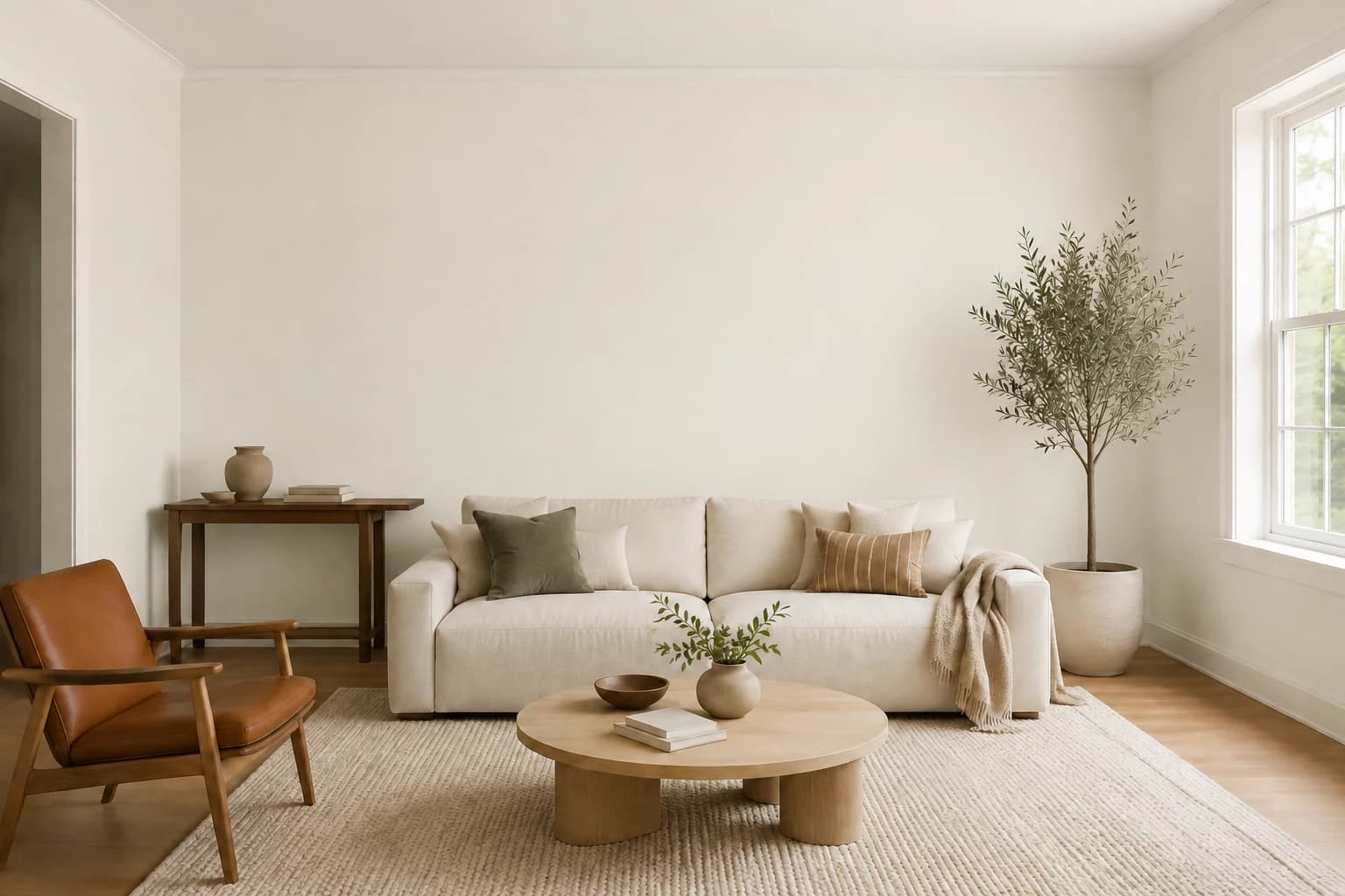 Wohnzimmer mit elfenbeinfarbenen Wänden, einem Sofa in Elfenbein und Eichenmöbeln