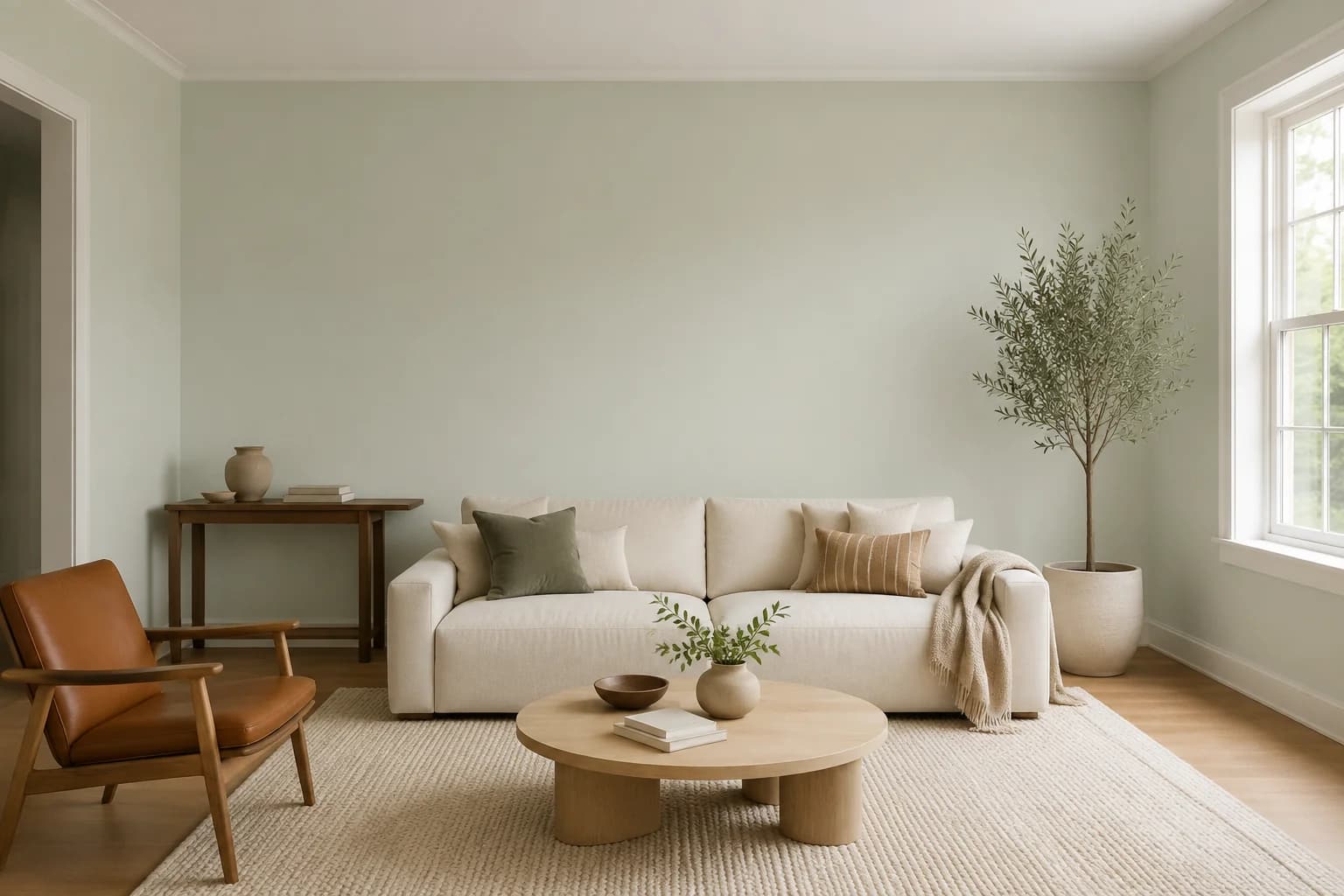 Wohnzimmer mit einem neuen Anstrich in Sea Salt von Sherwin-Williams