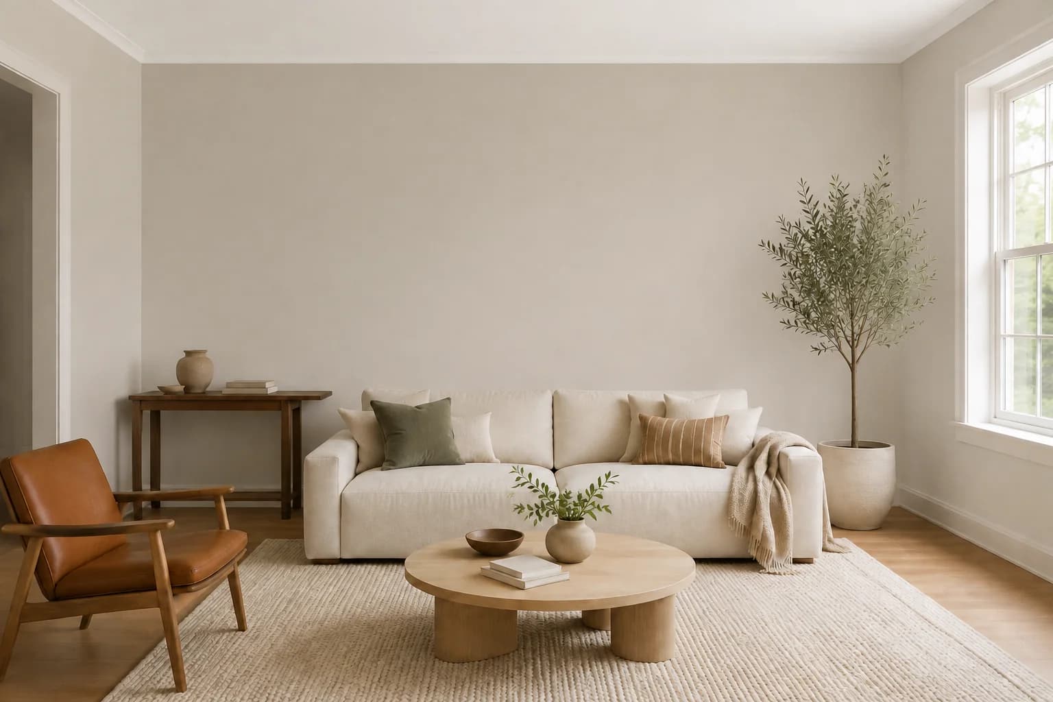 Neutral living room with a cream sofa and warm wood furniture