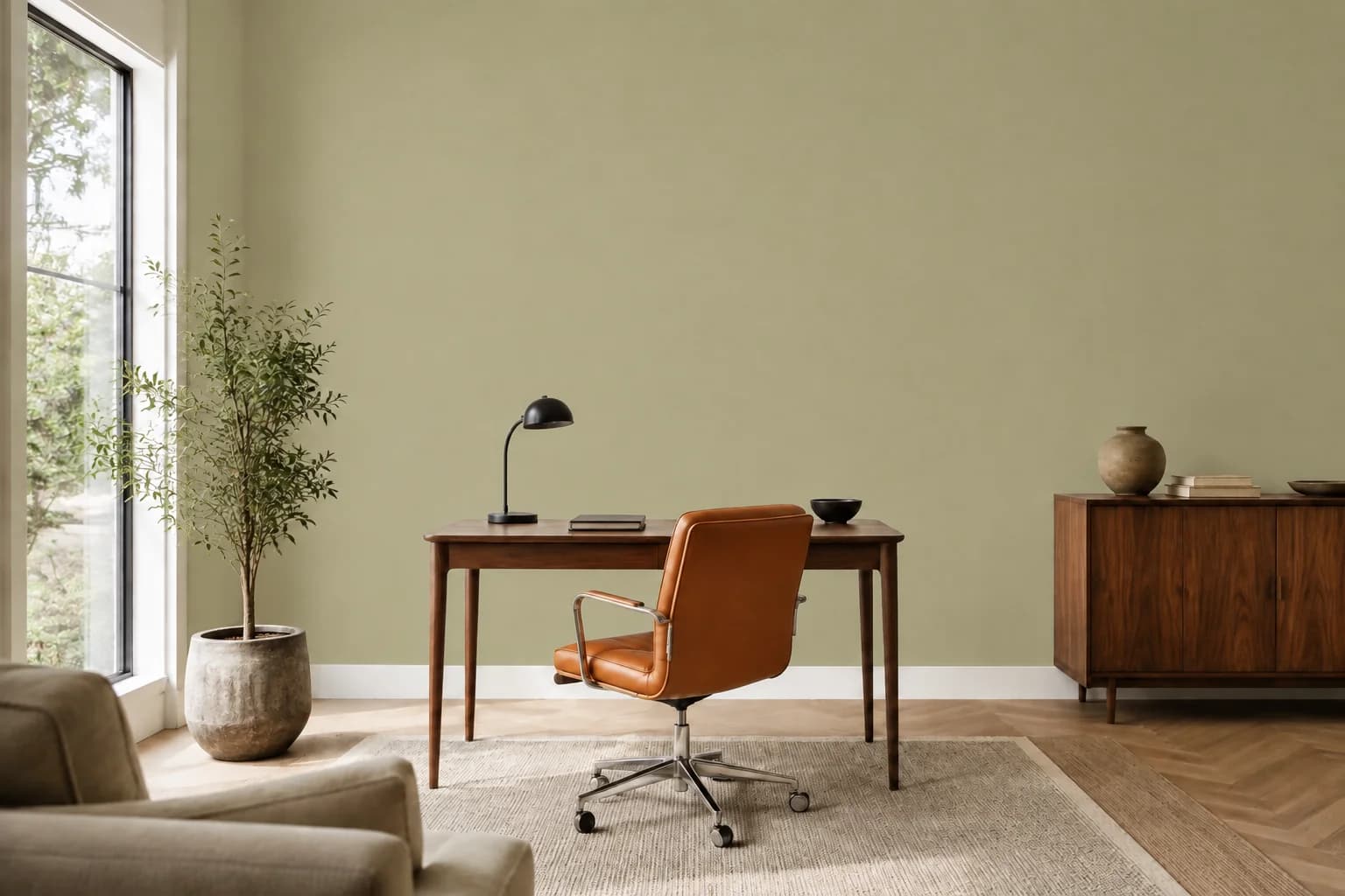 Olive home office with a wooden desk and shelving