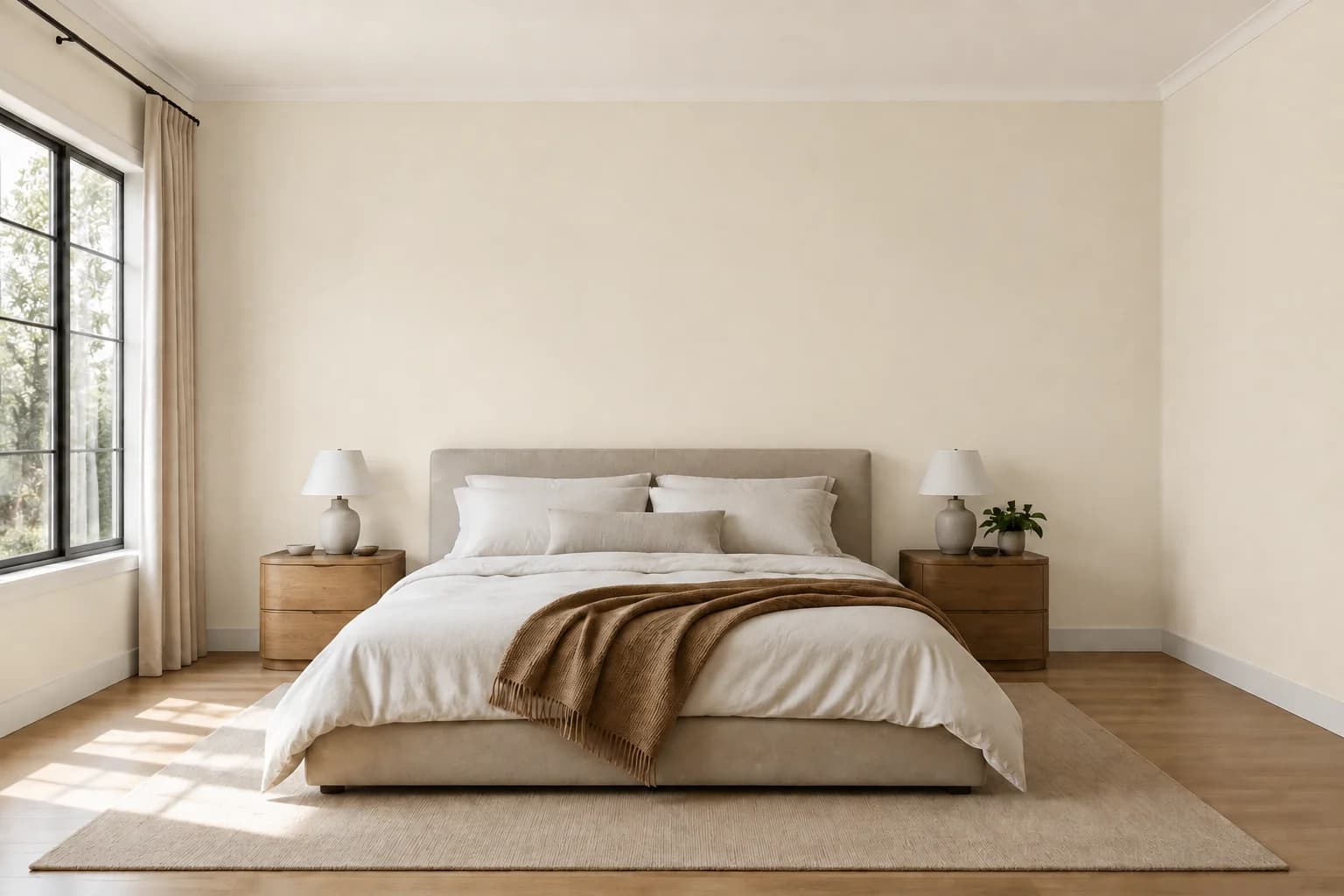 Warm ivory bedroom with natural linen and oak
