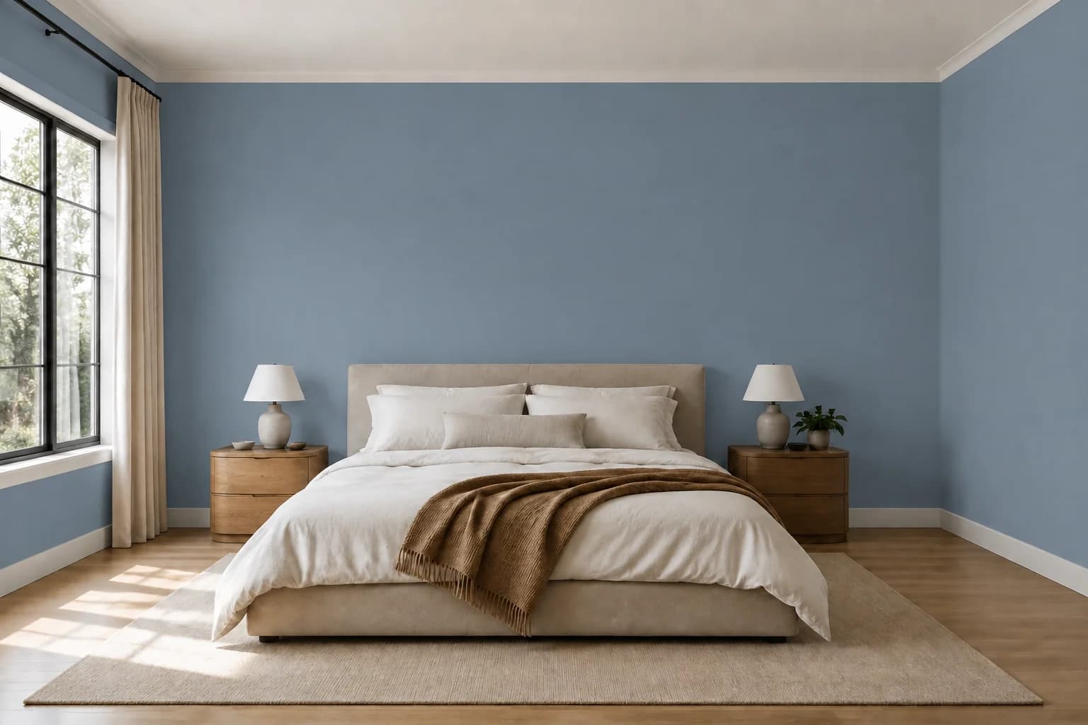 Blue bedroom with linen bedding and oak nightstands