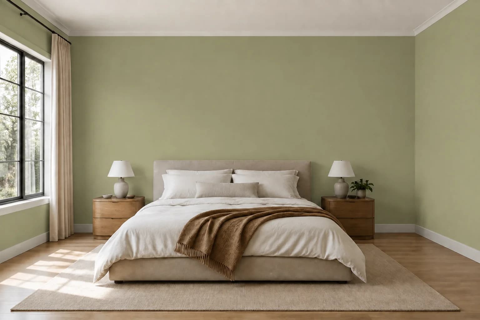 The same bedroom with muted green walls