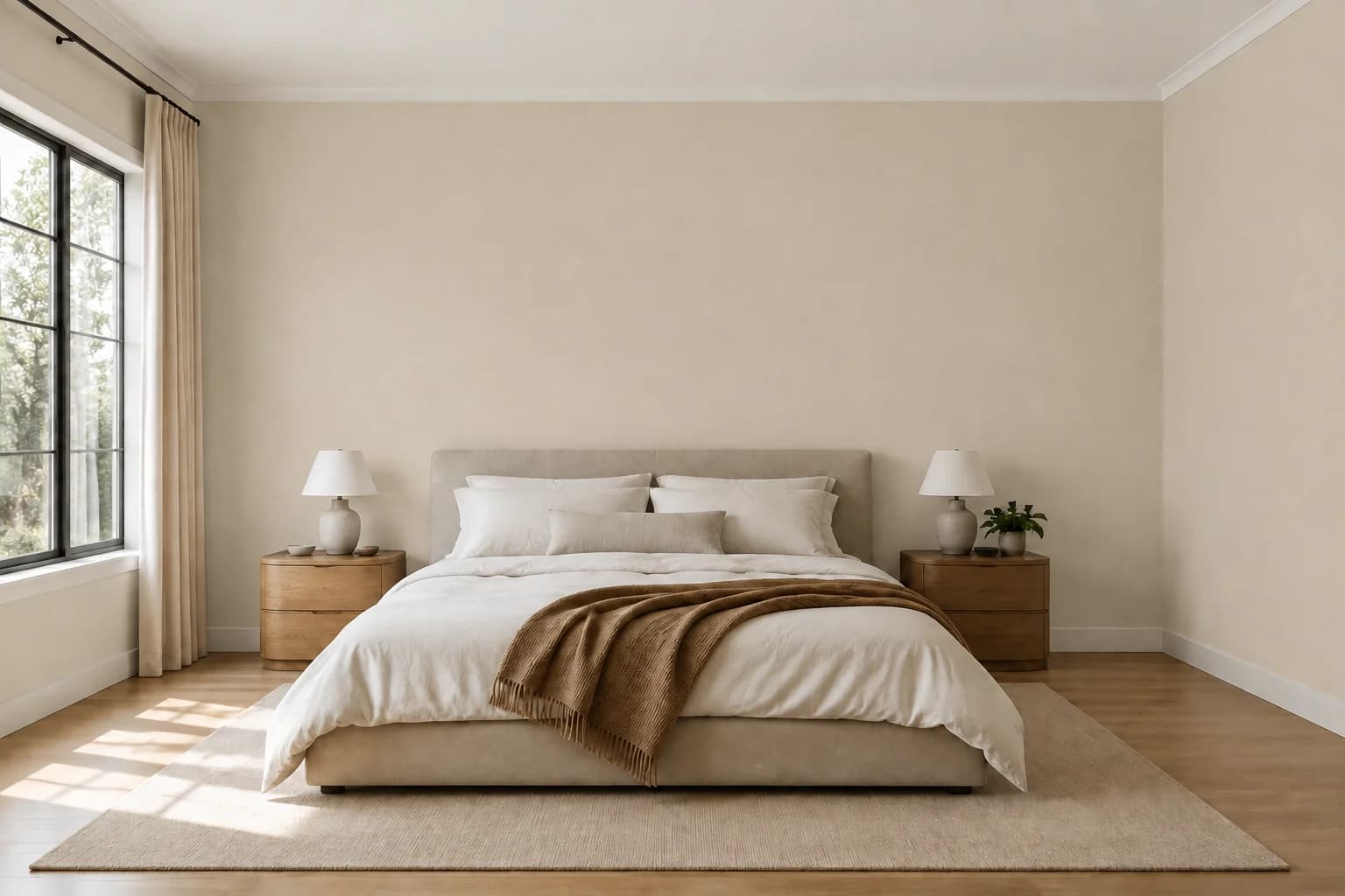 Schlafzimmer mit warmen beigen Wänden, cremefarbener Bettwäsche und Nachttischen aus Eiche