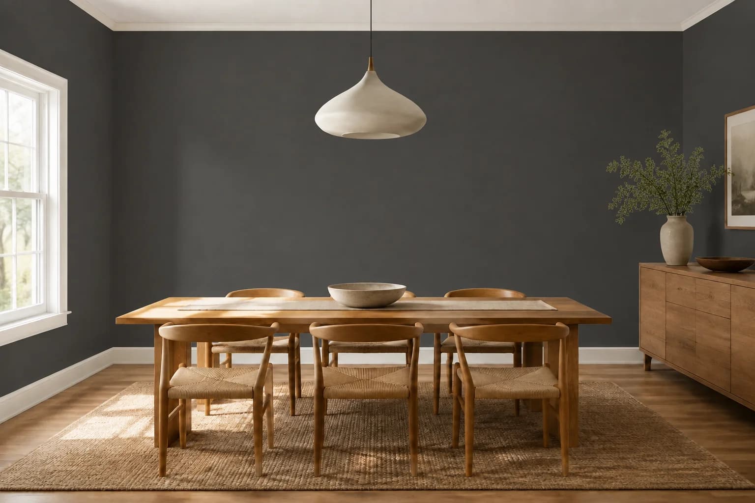 Esszimmer mit einem neuen Anstrich in Iron Ore von Sherwin-Williams