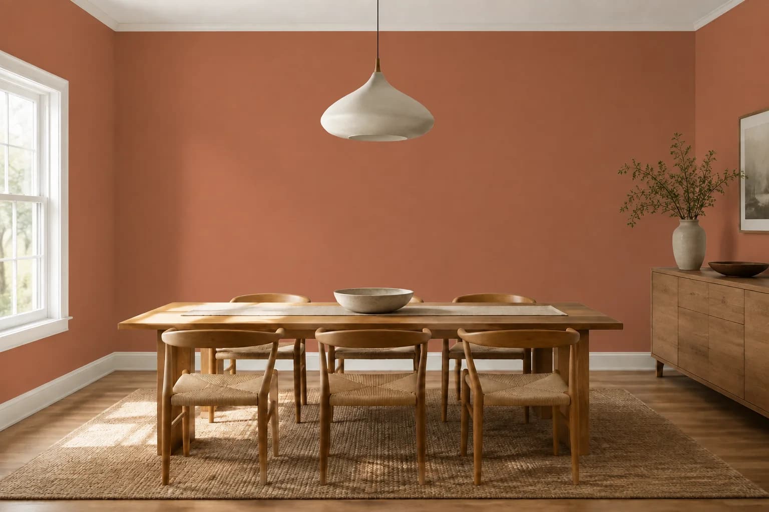 Clay dining room with a natural wood table