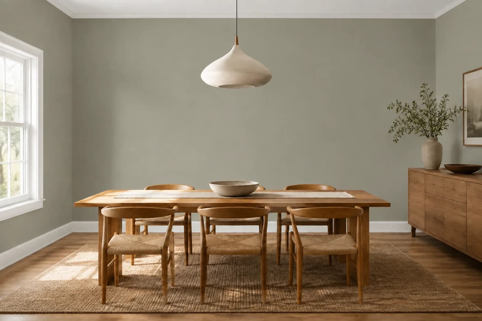 Dining room with muted green walls, an oak table, and woven chairs