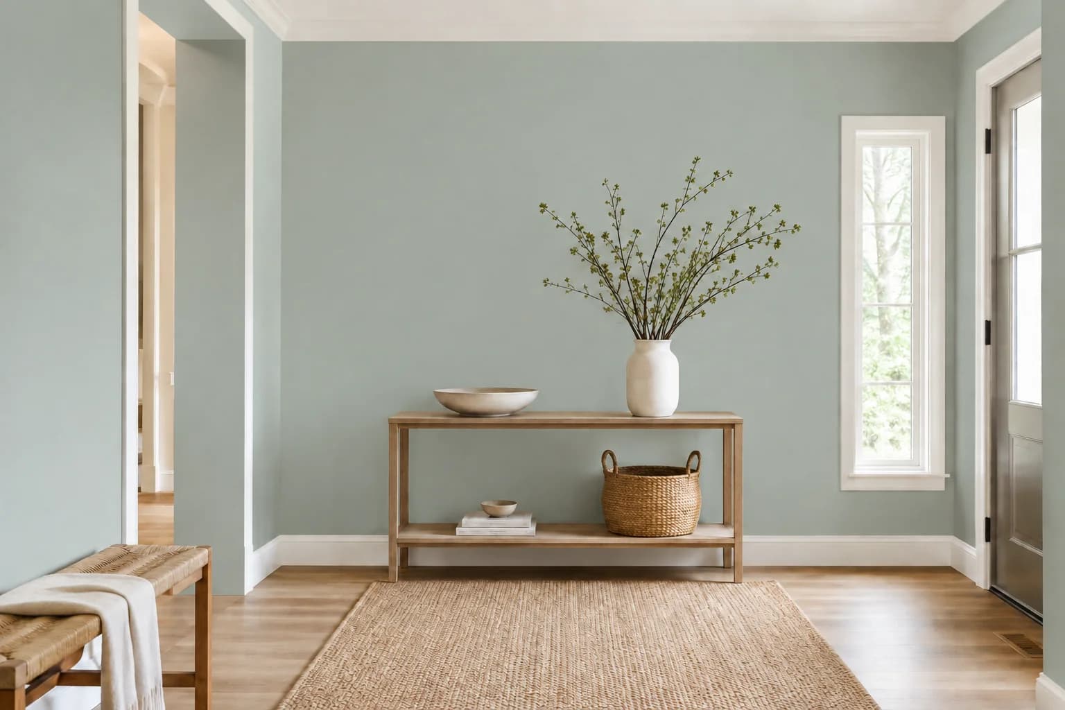 Blue-green entry hall with white trim and an oak console