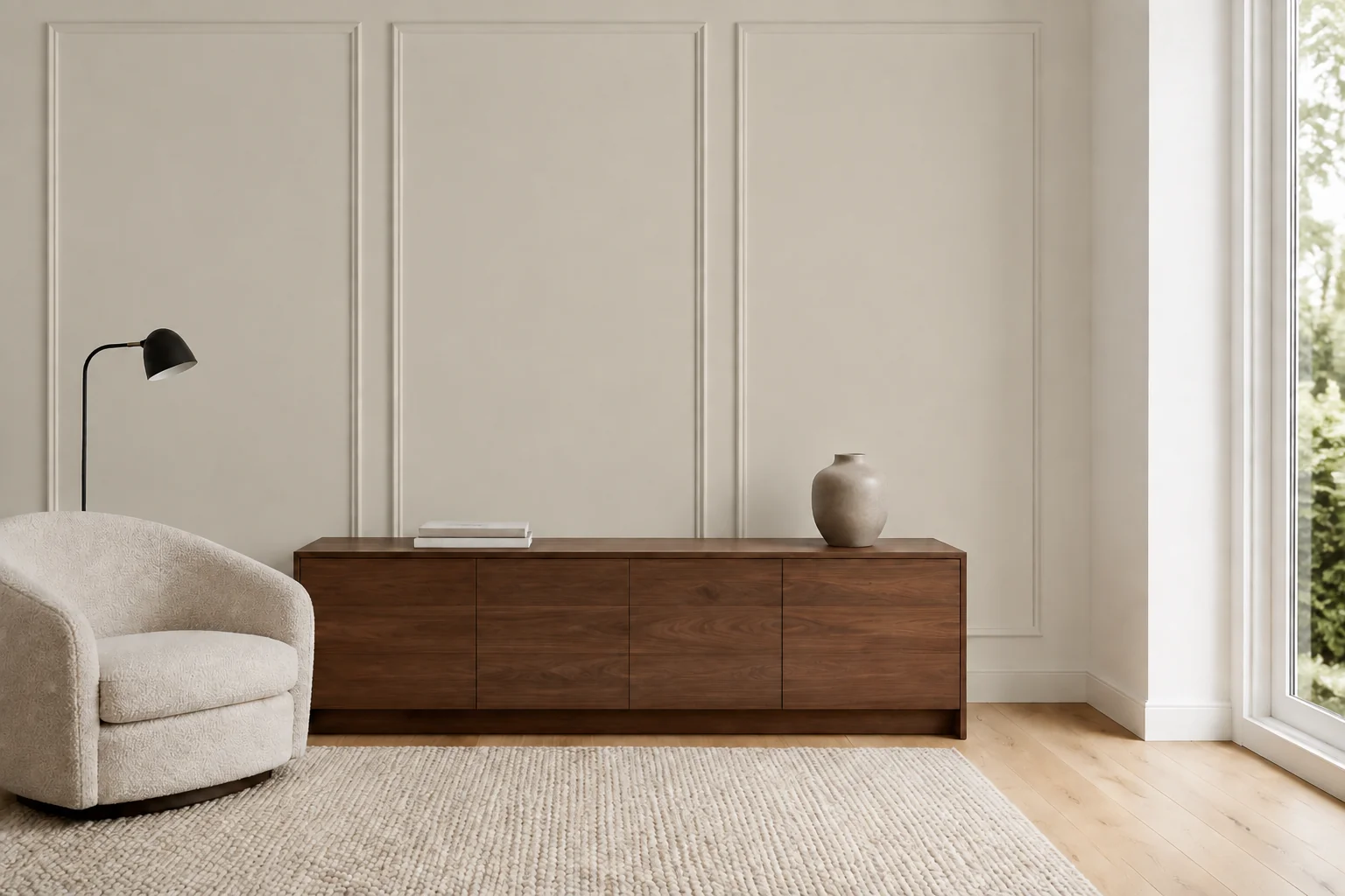 Pewter paneled wall with a walnut sideboard