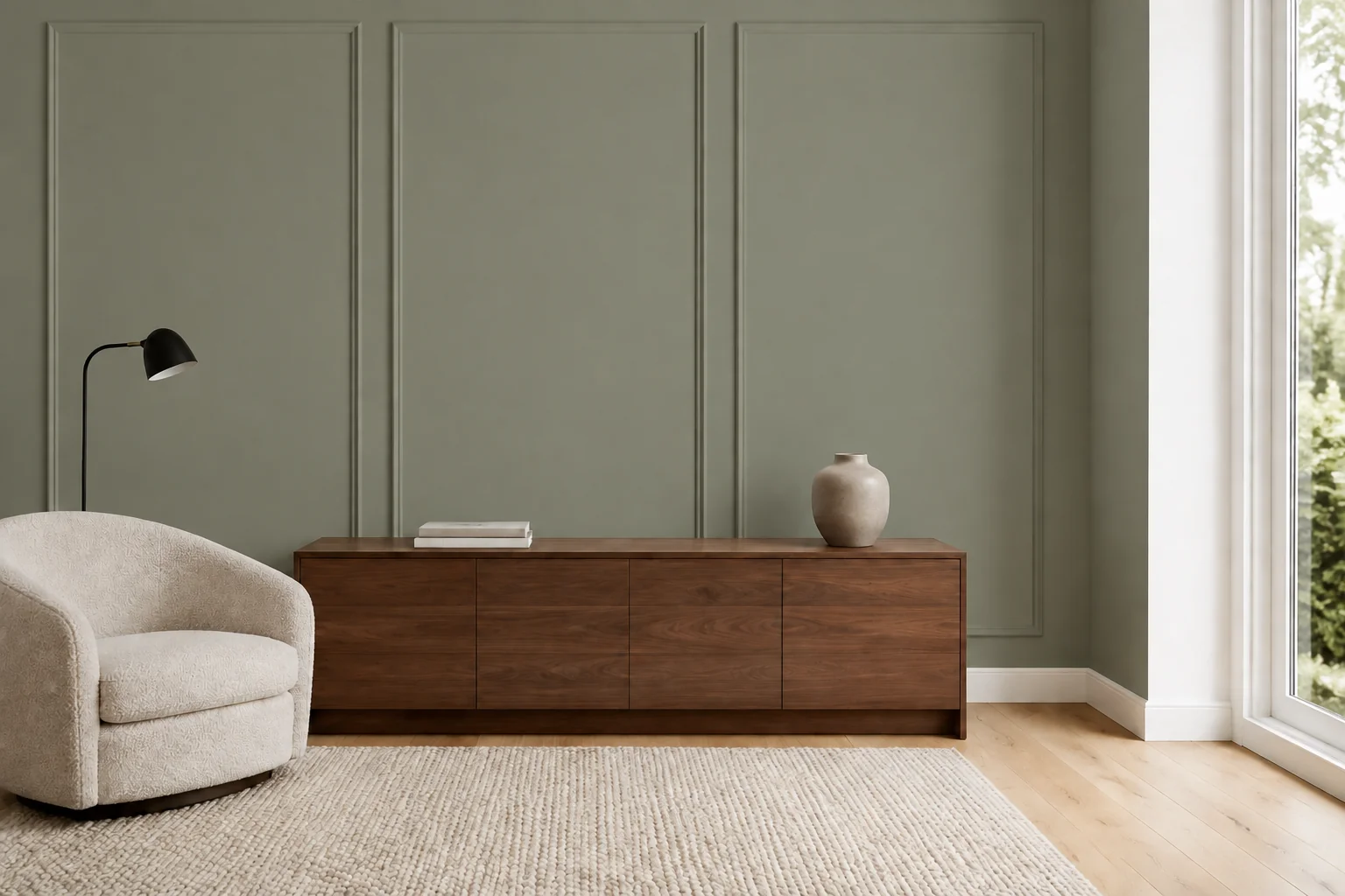 Olive green paneled wall with a walnut sideboard and cream chair