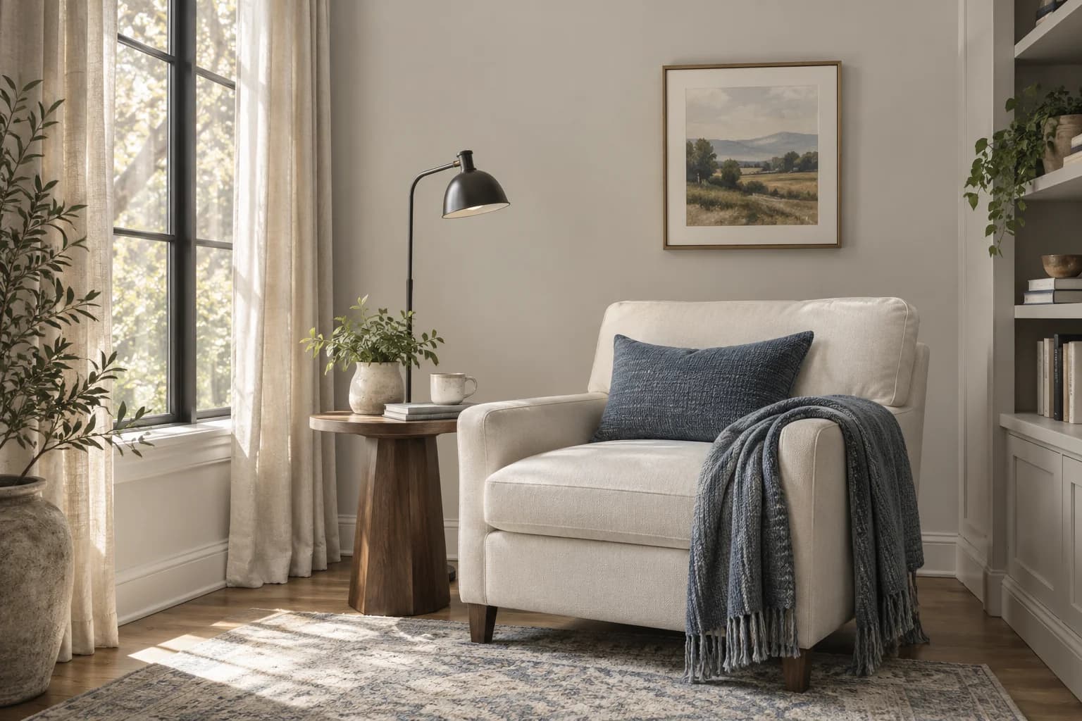 Reading nook with Agreeable Gray walls and a cream armchair