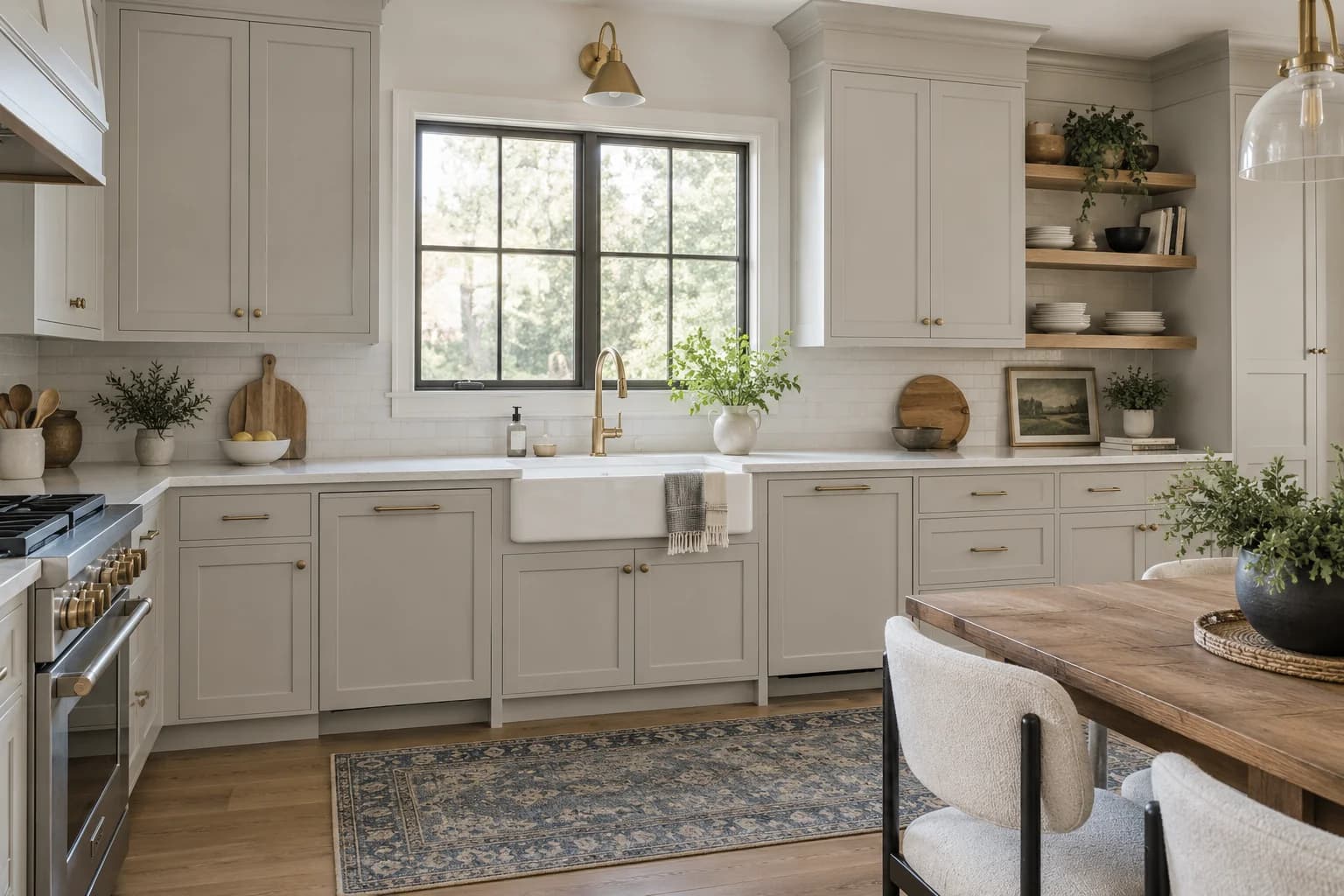 Kitchen cabinets featuring Agreeable Gray paint