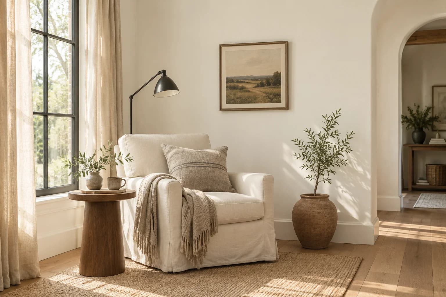 Reading nook with Alabaster walls and a cream armchair