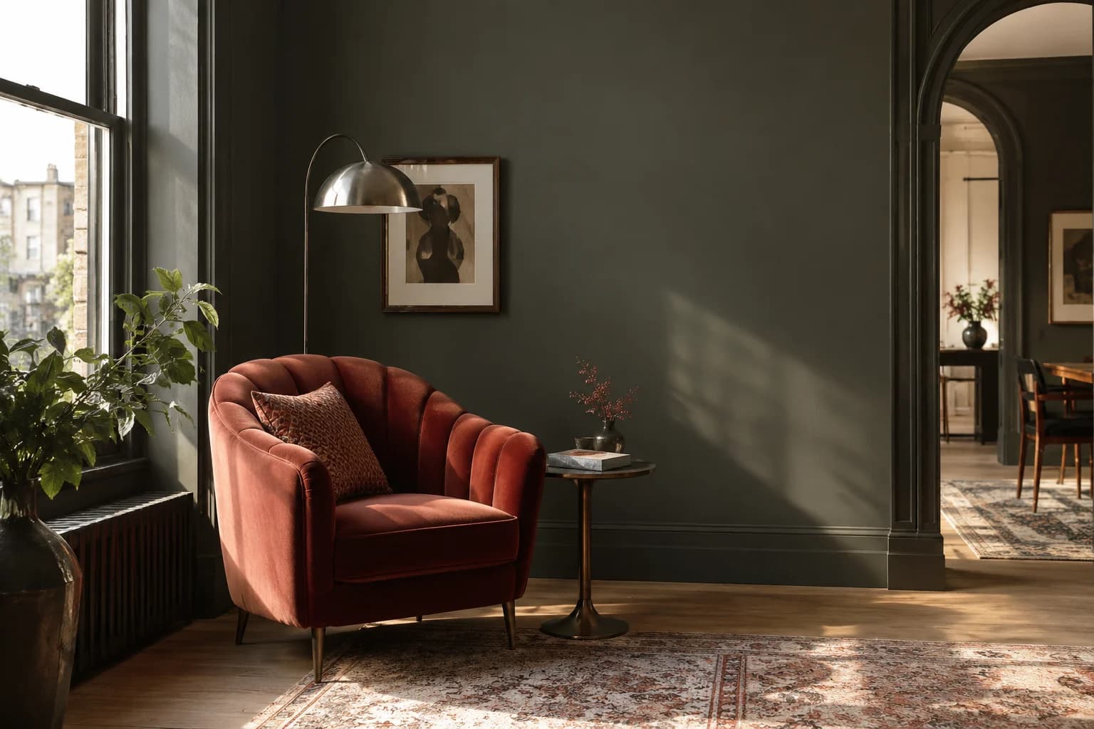 Reading nook with Black Bamboo walls and a cream armchair