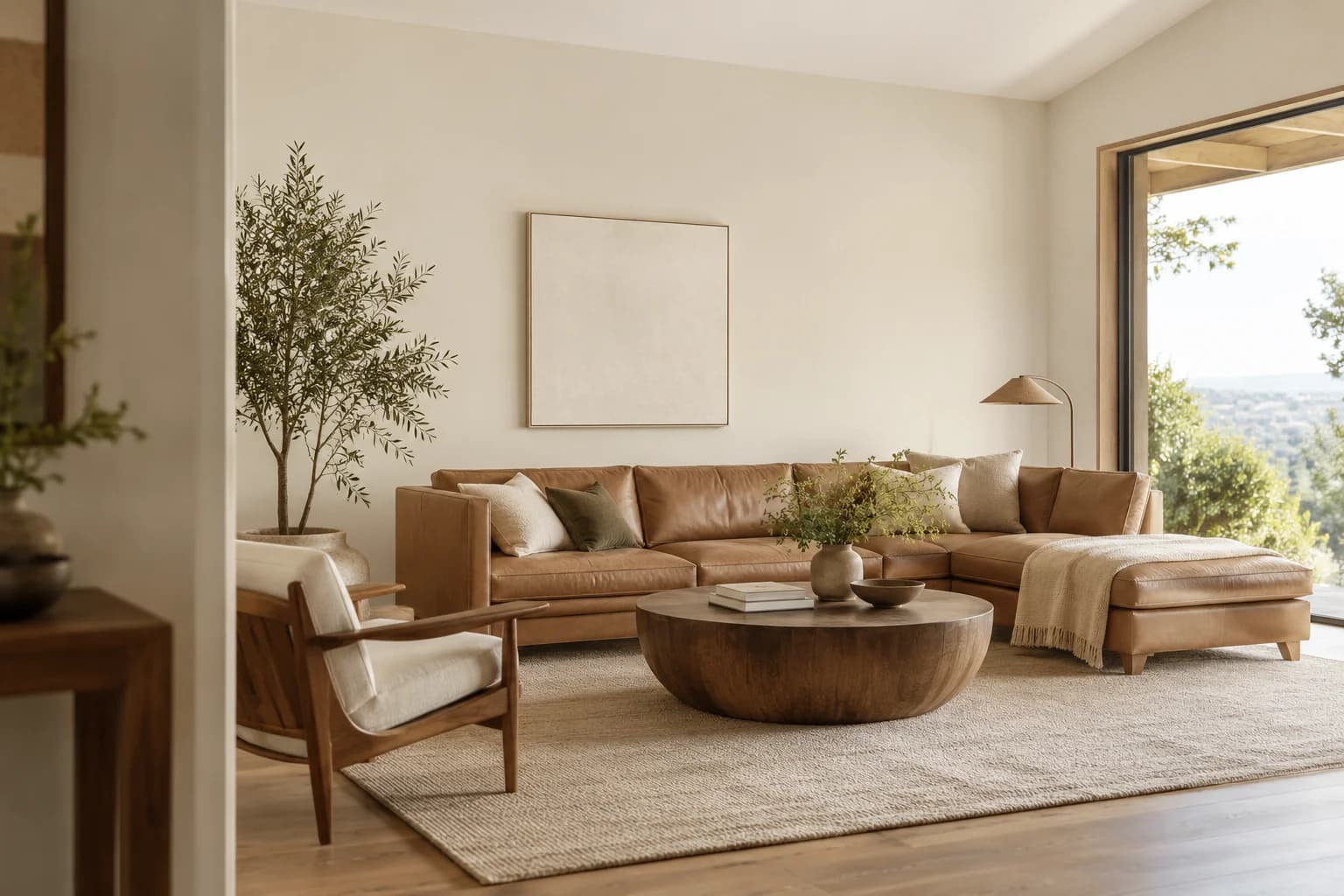 Blank Canvas walls in an organic modern living room