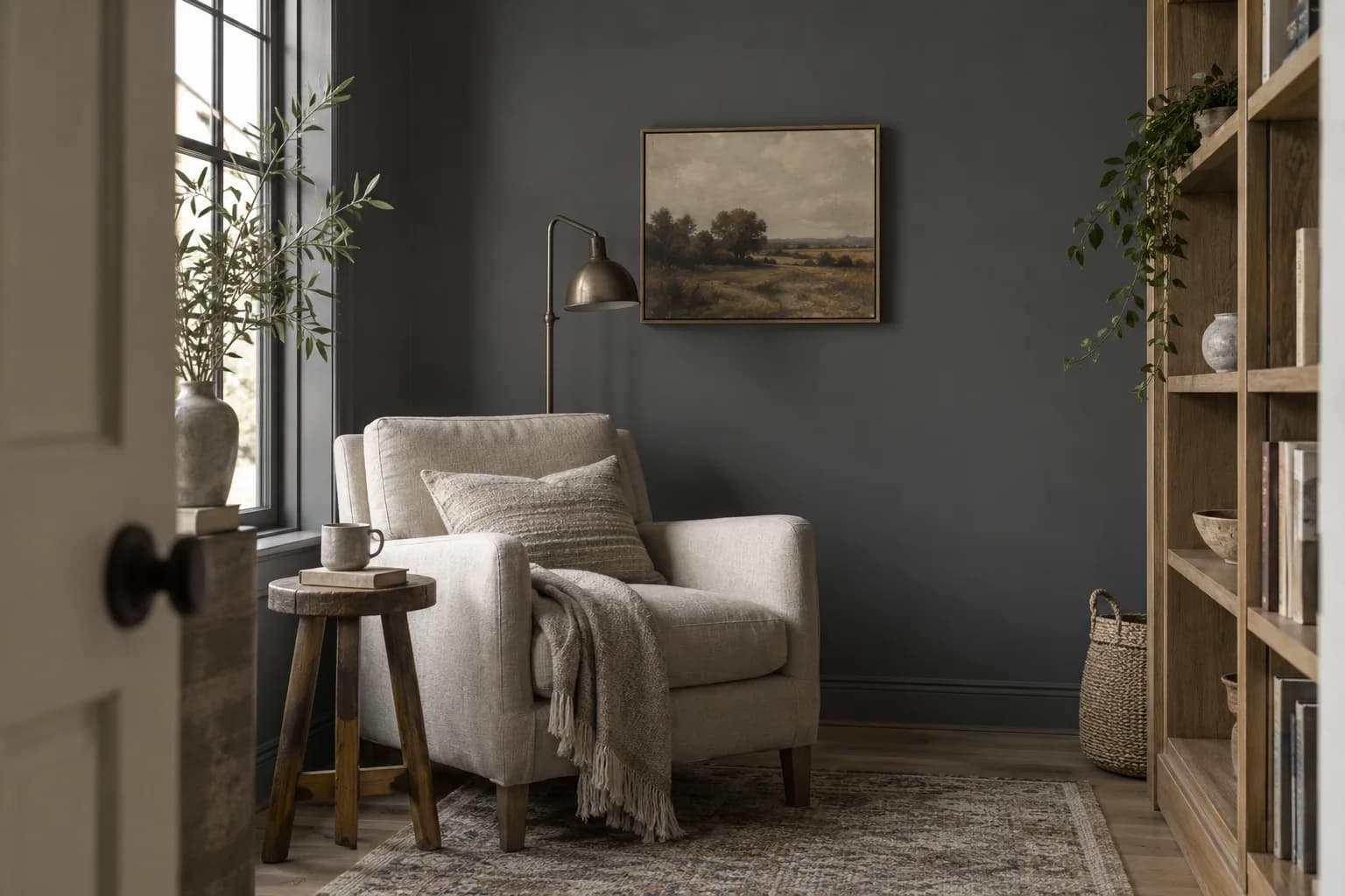 Reading nook with Cracked Pepper walls and a cream armchair