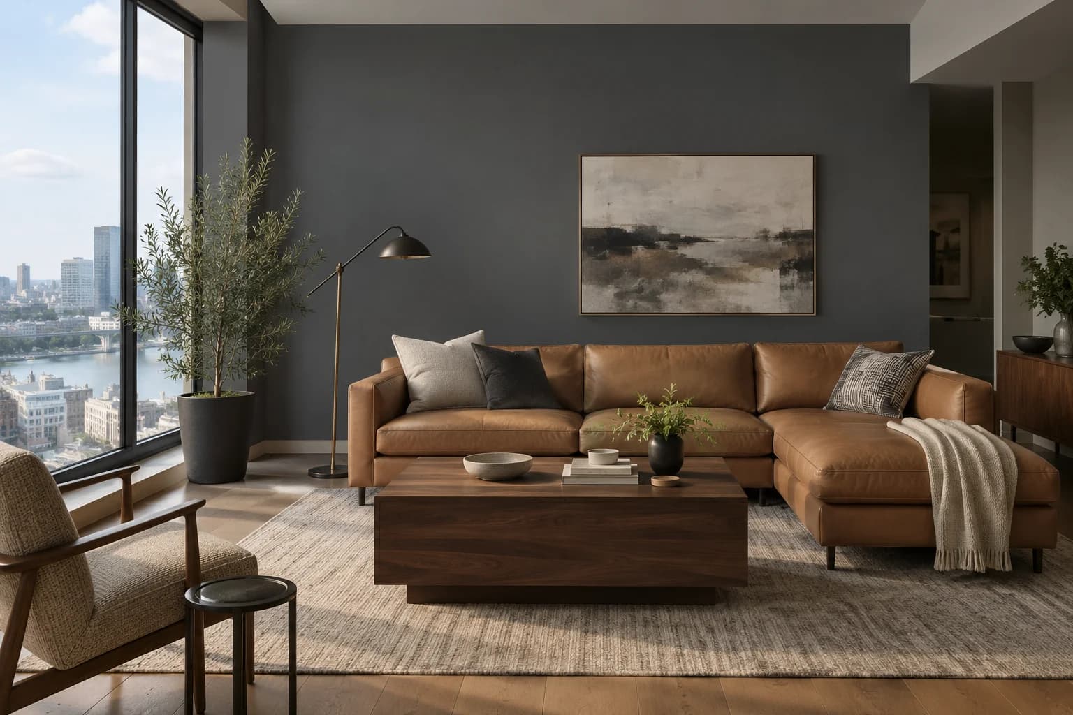 Cracked Pepper walls in an urban contemporary living room