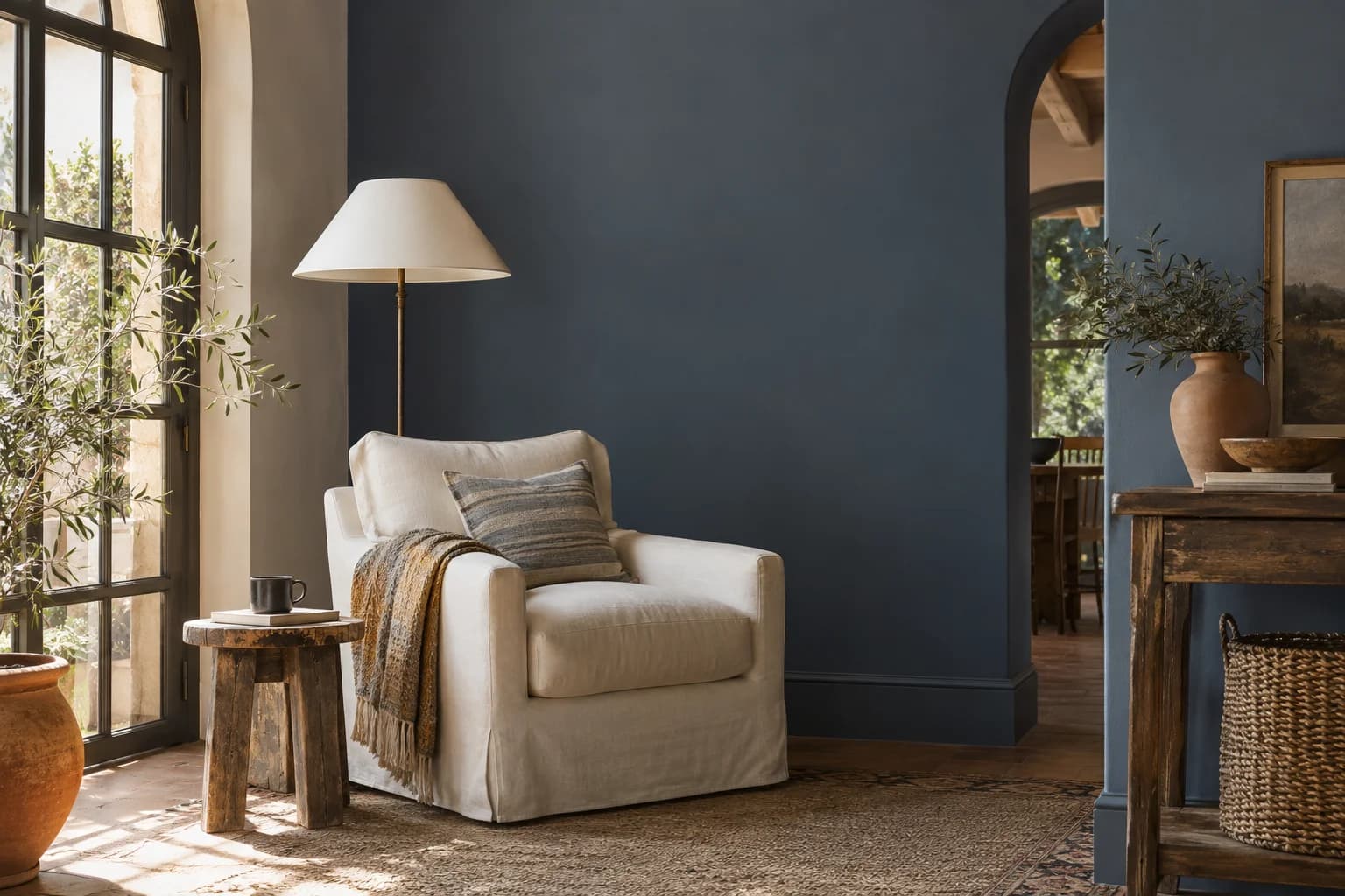 Reading nook with Midnight Blue walls and a cream armchair