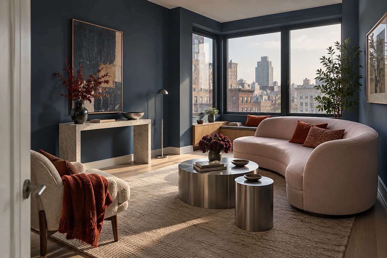 Midnight Blue walls in a contemporary city sitting room