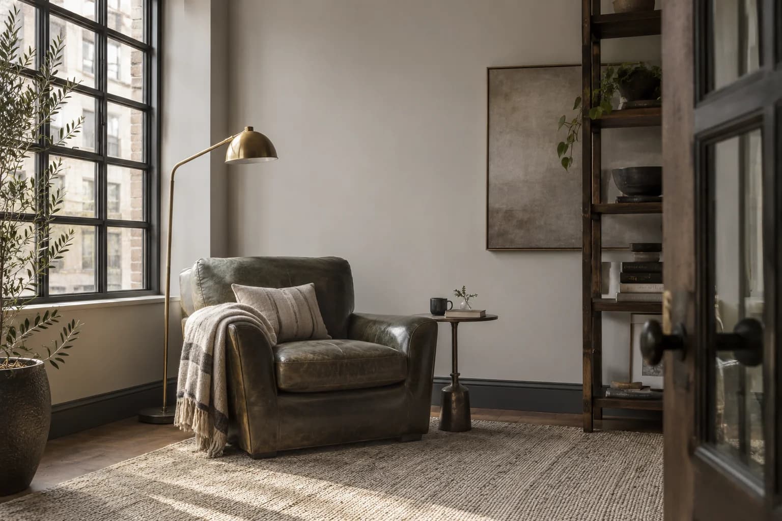 Reading nook with Natural Gray walls and a cream armchair