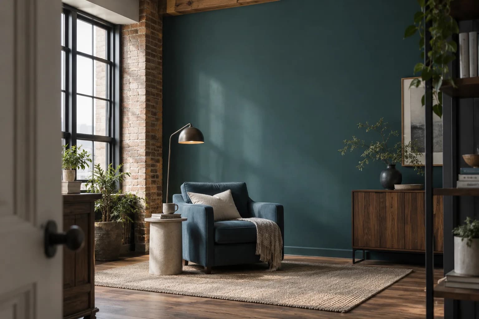 Reading nook with Ocean Abyss walls and a cream armchair
