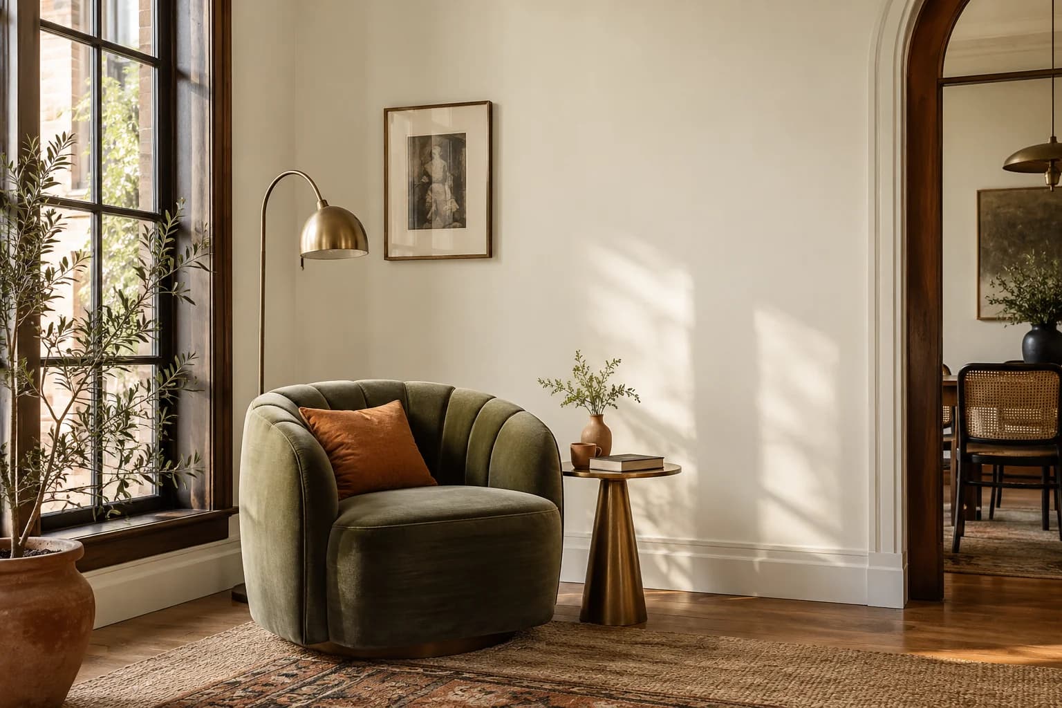 Reading nook with Off White walls and a cream armchair