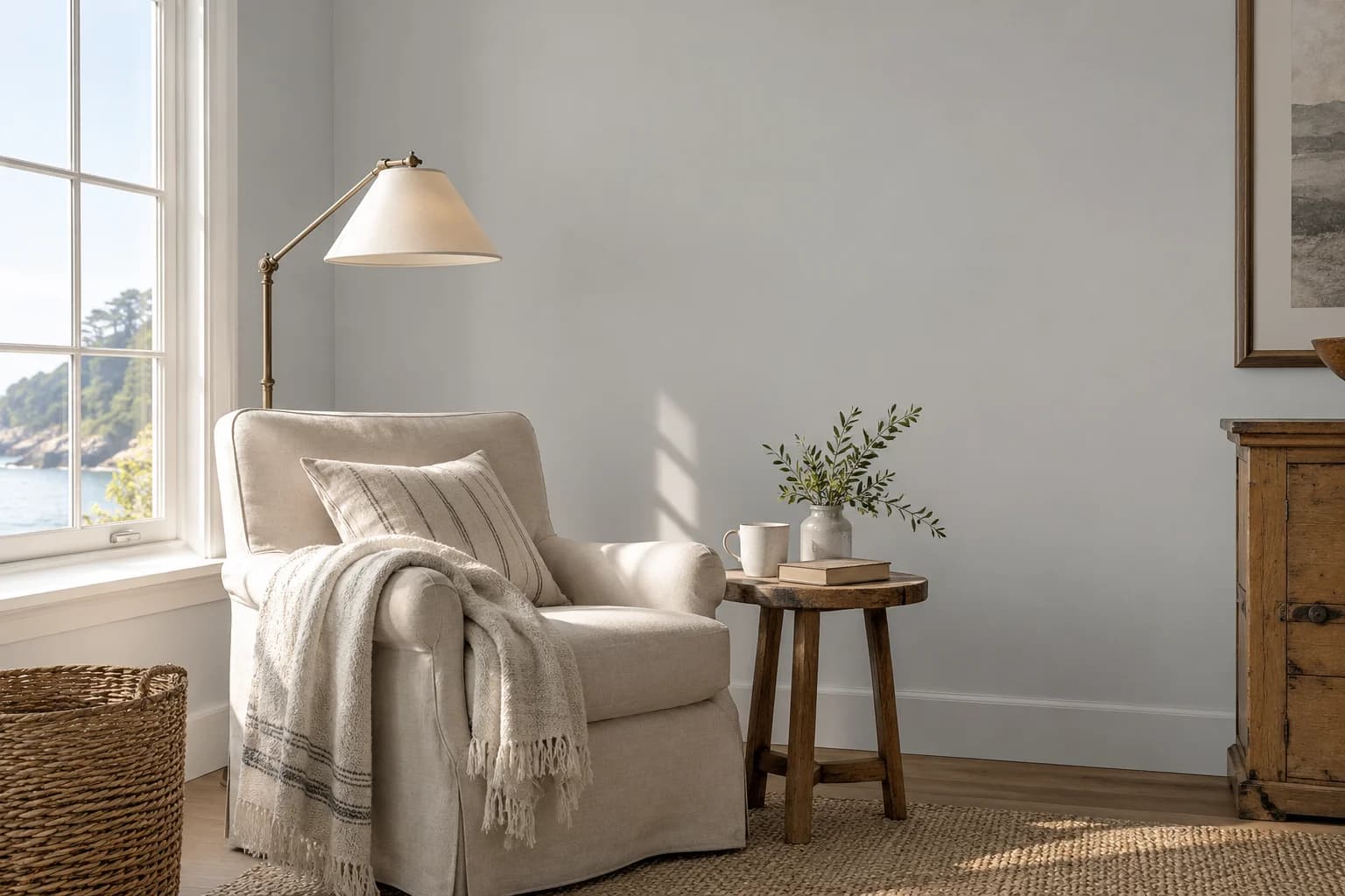 Reading nook with Silver Bullet walls and a cream armchair