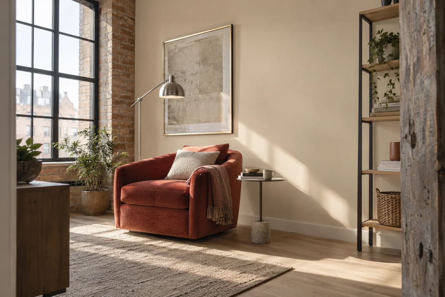 Reading nook with Spanish Sand walls and a cream armchair