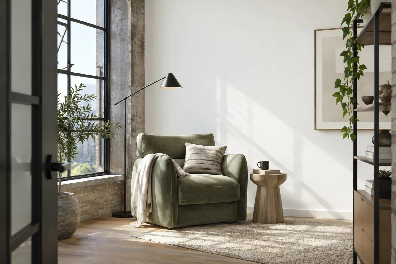 Reading nook with Ultra Pure White walls and a cream armchair