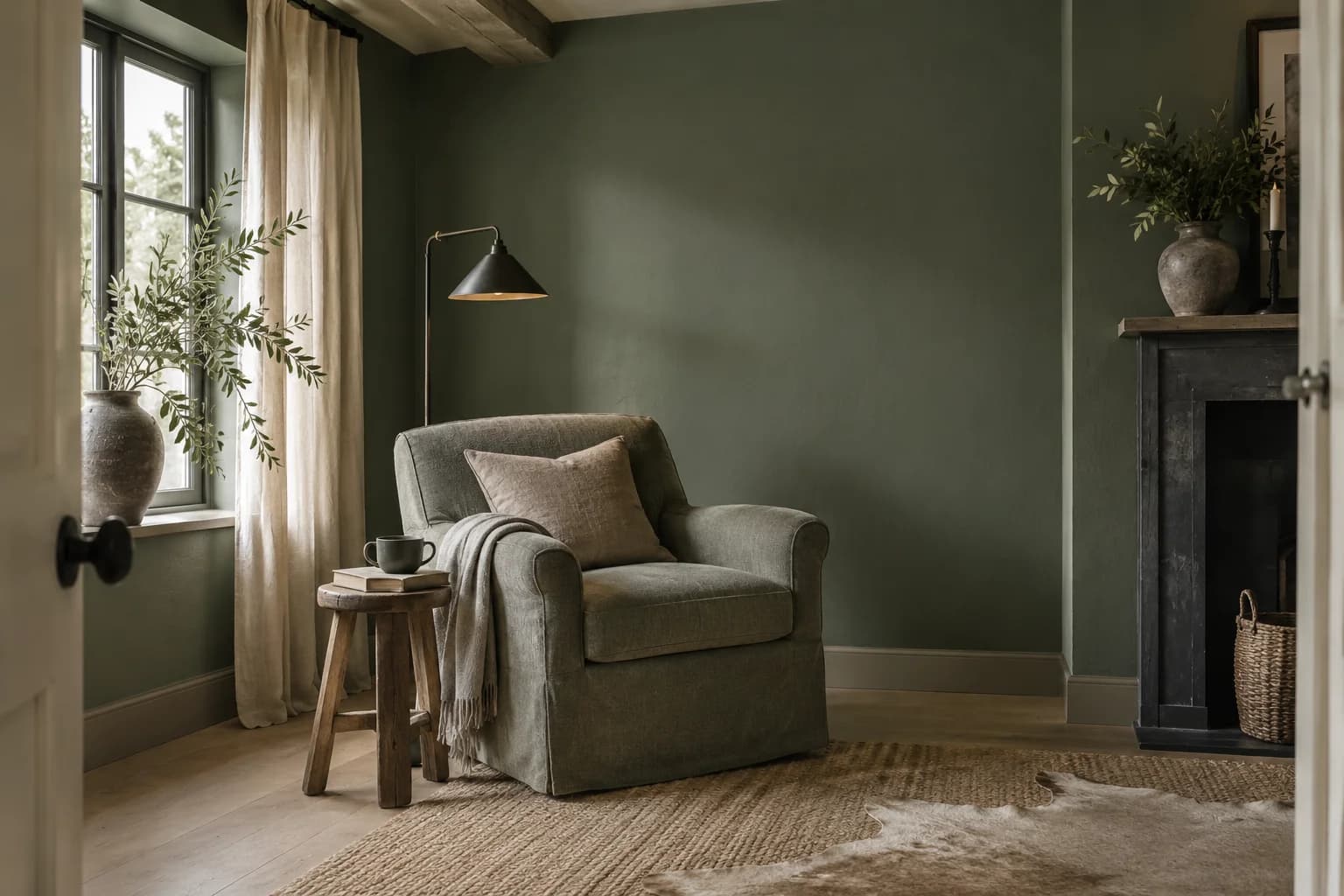 Reading nook with Vine Leaf walls and a cream armchair