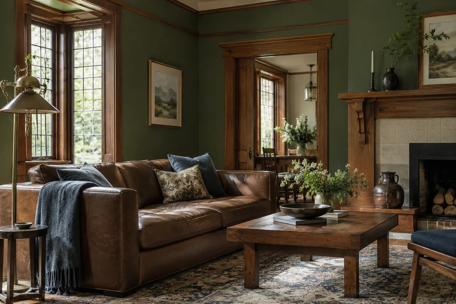 Vine Leaf walls in an Arts and Crafts living room