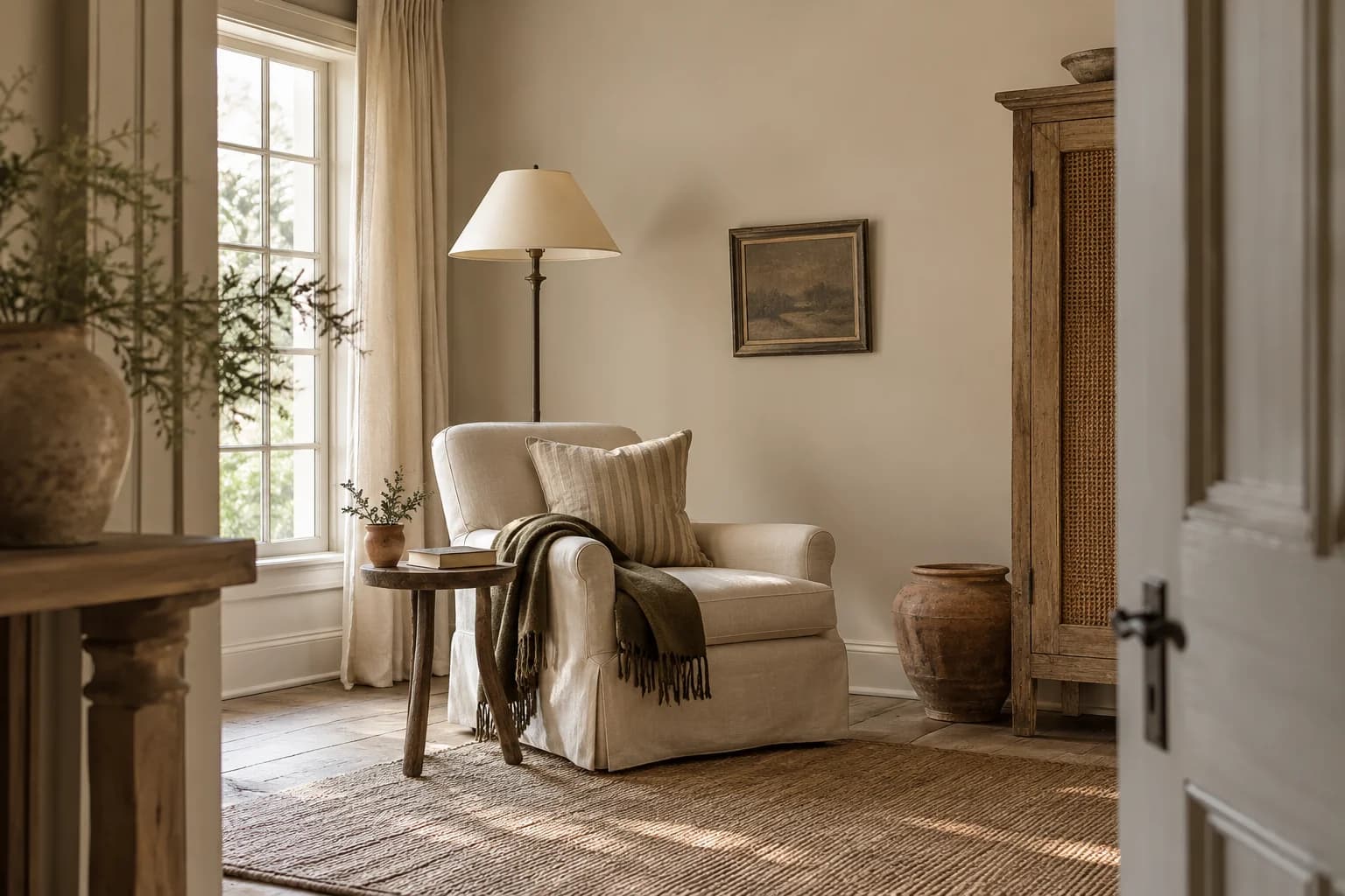Reading nook with Wheat Bread walls and a cream armchair
