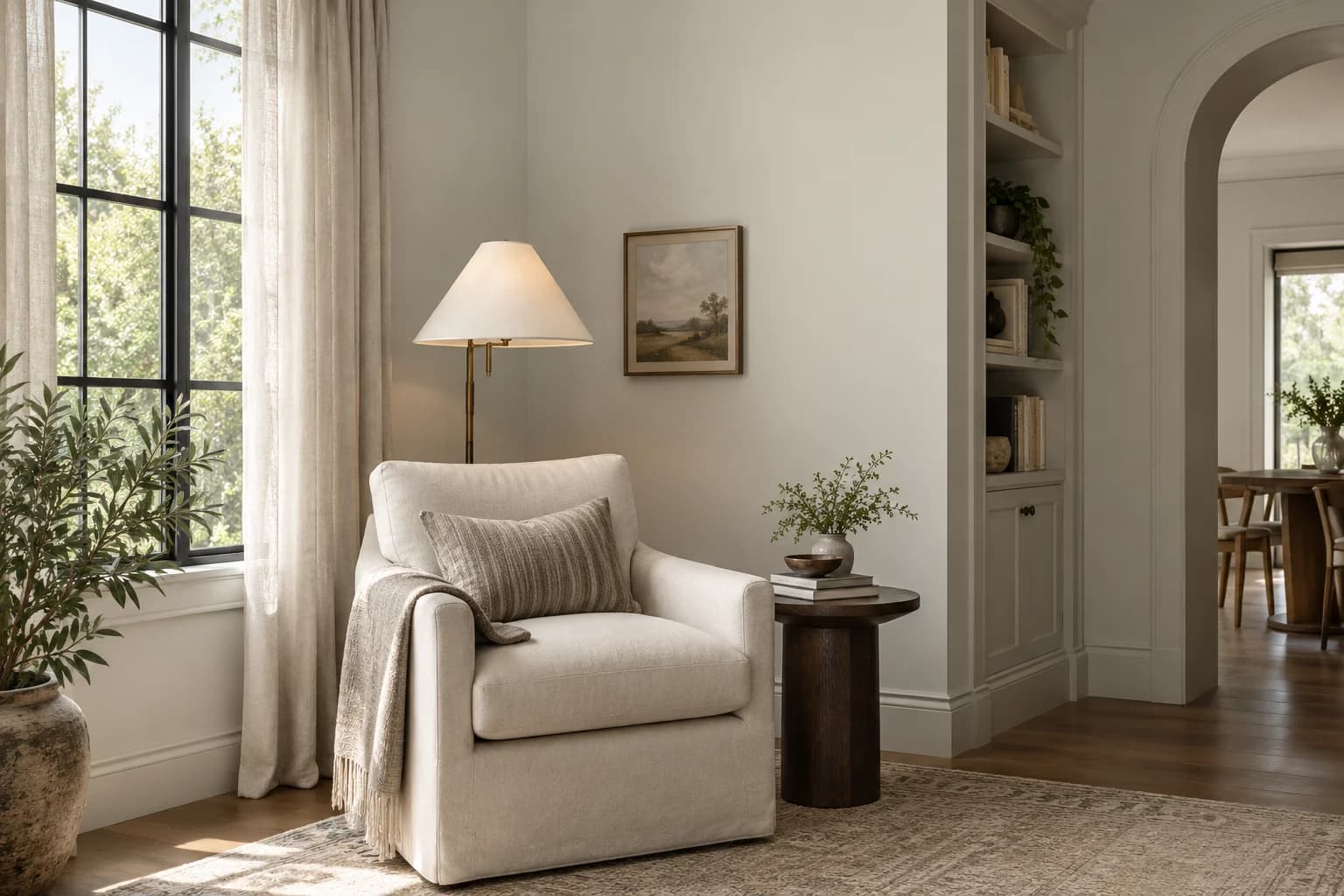 Reading nook with Classic Gray walls and a cream armchair