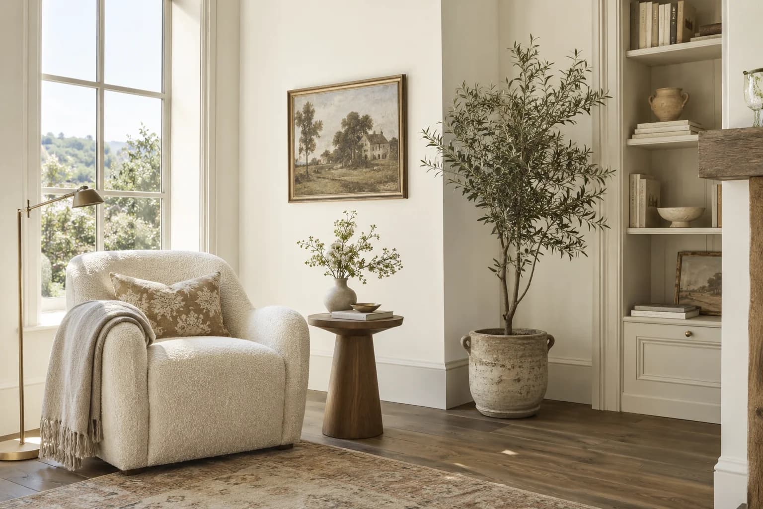 Reading nook with Cloud White walls and a cream armchair
