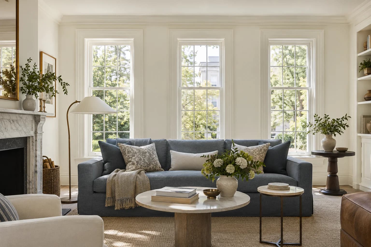 Cloud White walls in a tailored transitional living room
