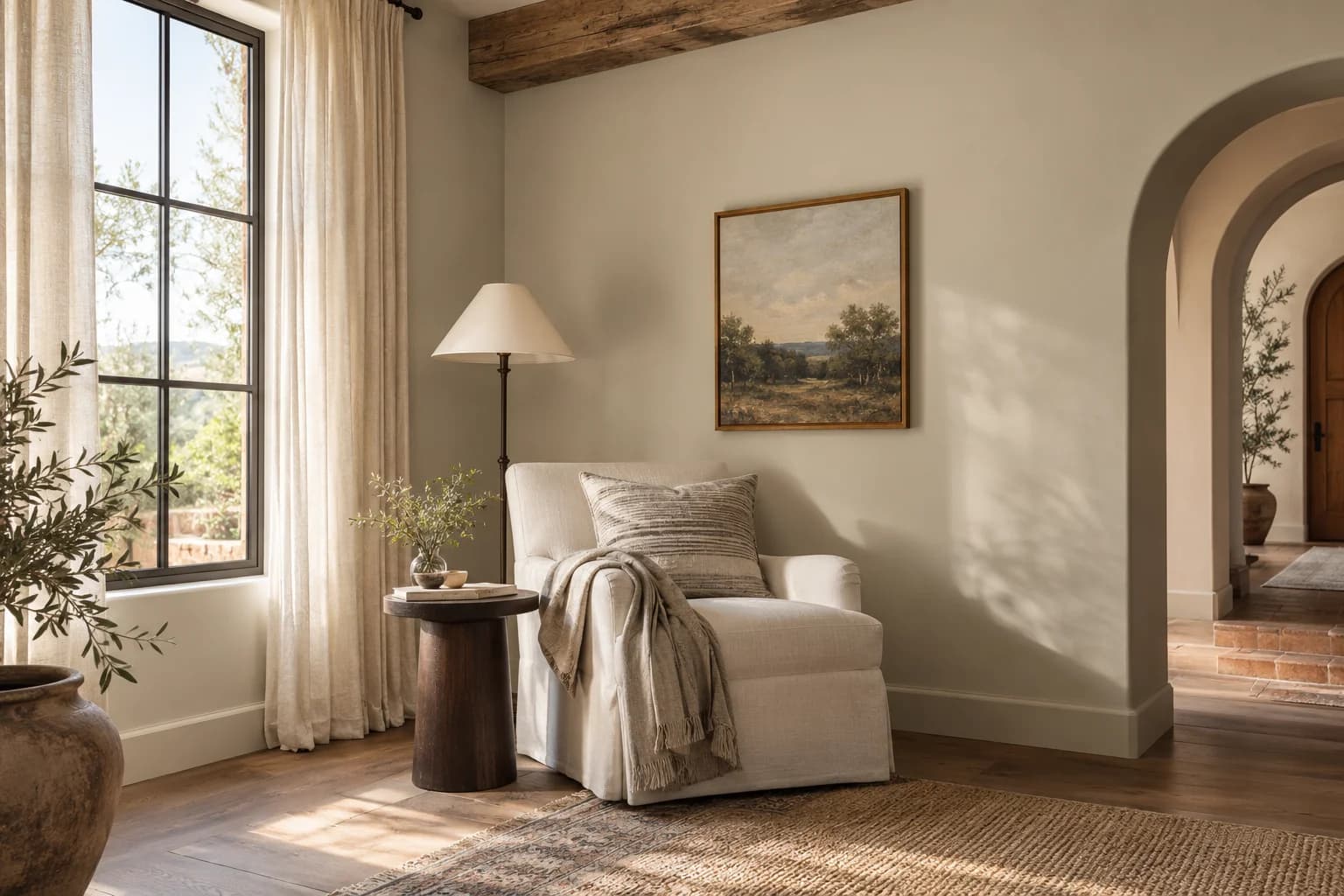 Reading nook with Edgecomb Gray walls and a cream armchair