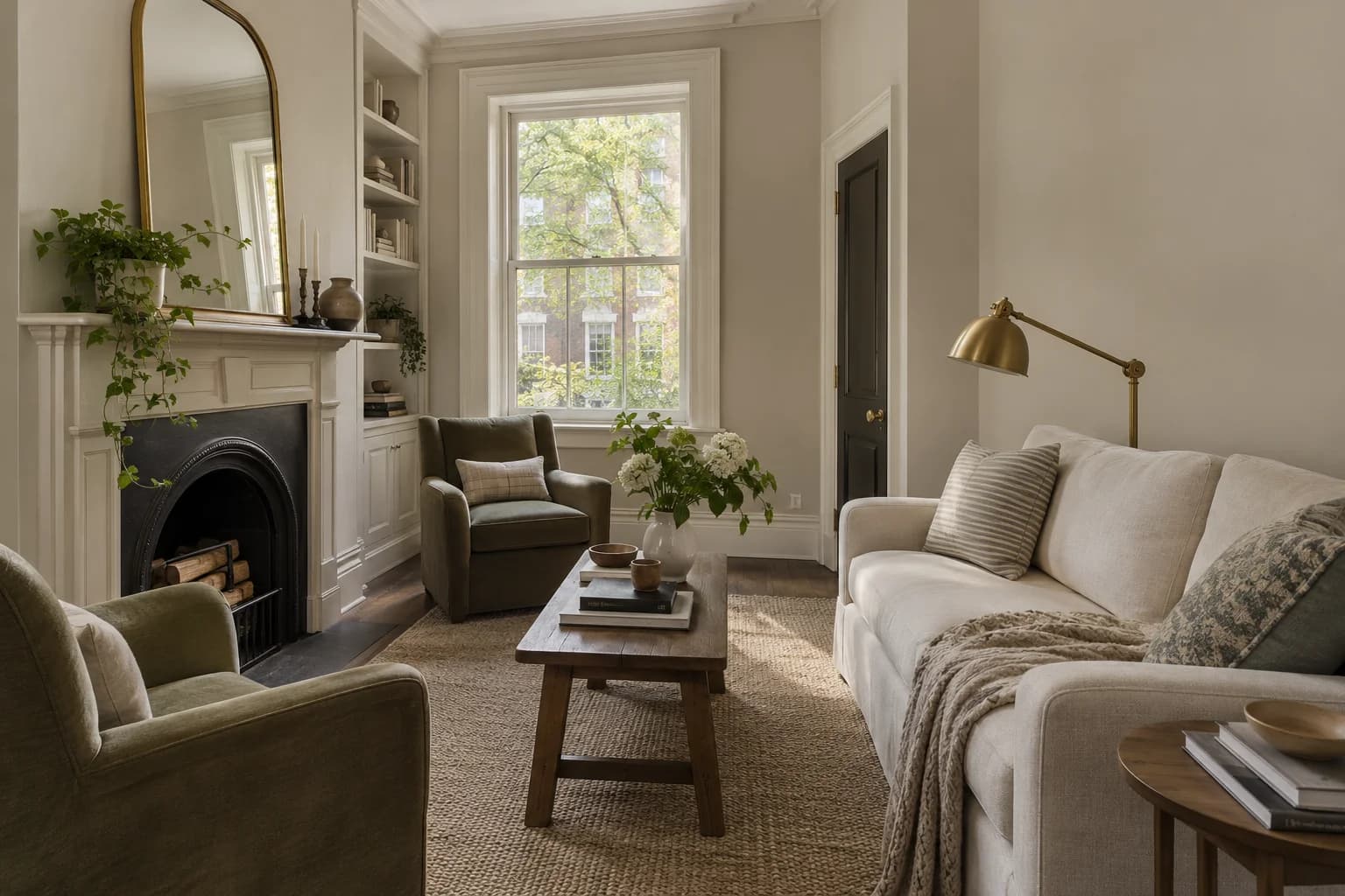 Edgecomb Gray walls in a classic townhouse living room