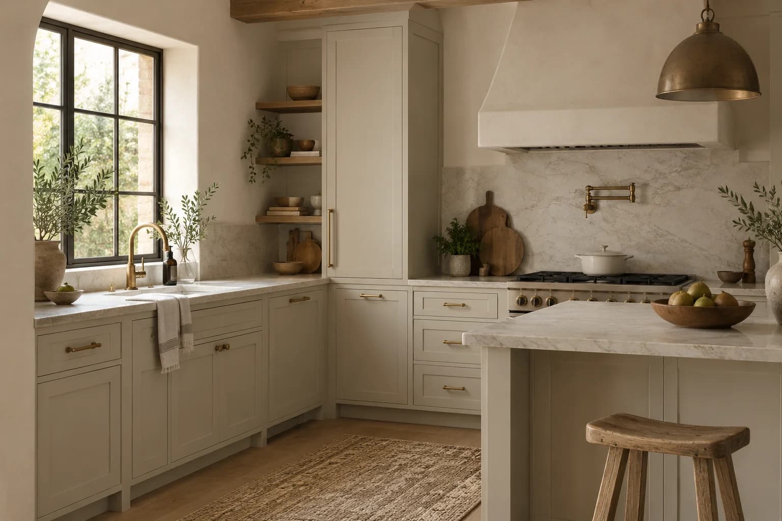 Kitchen cabinets featuring Edgecomb Gray paint