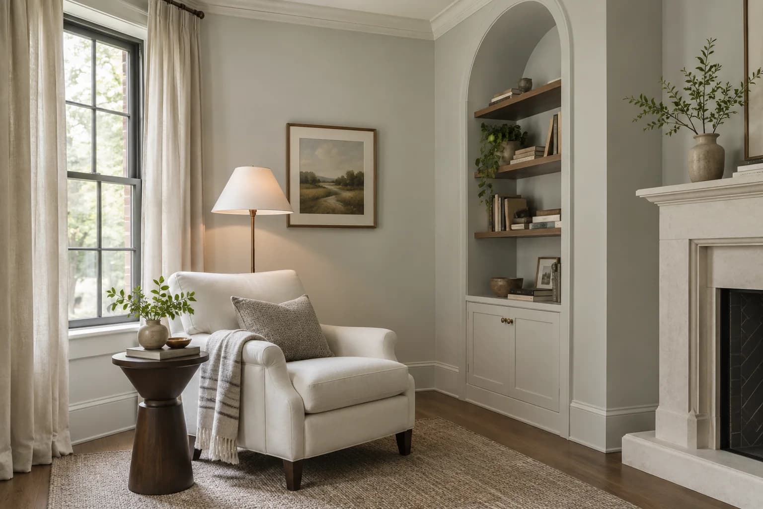 Reading nook with Gray Owl walls and a cream armchair