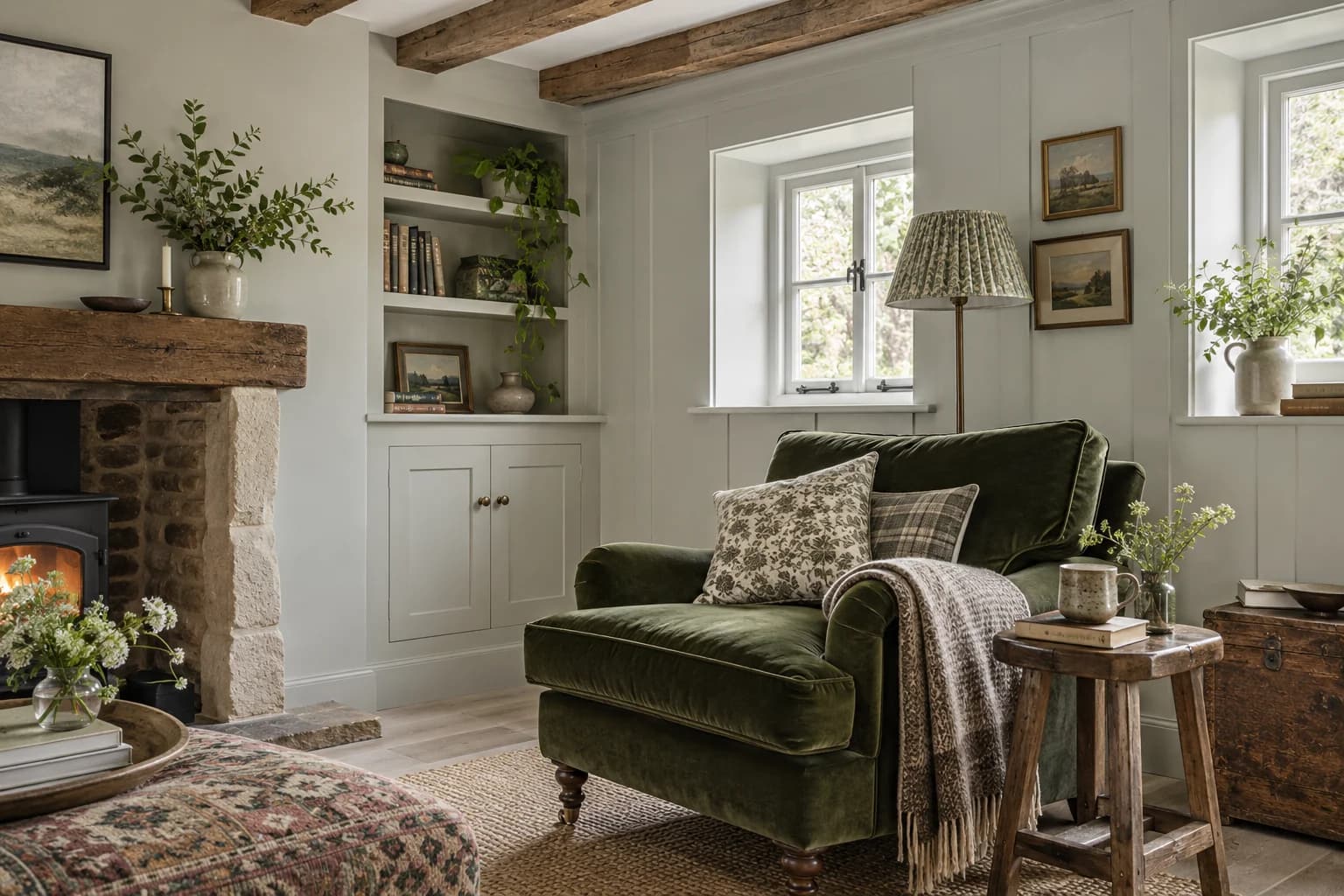 Gray Owl walls in a modern English cottage living room