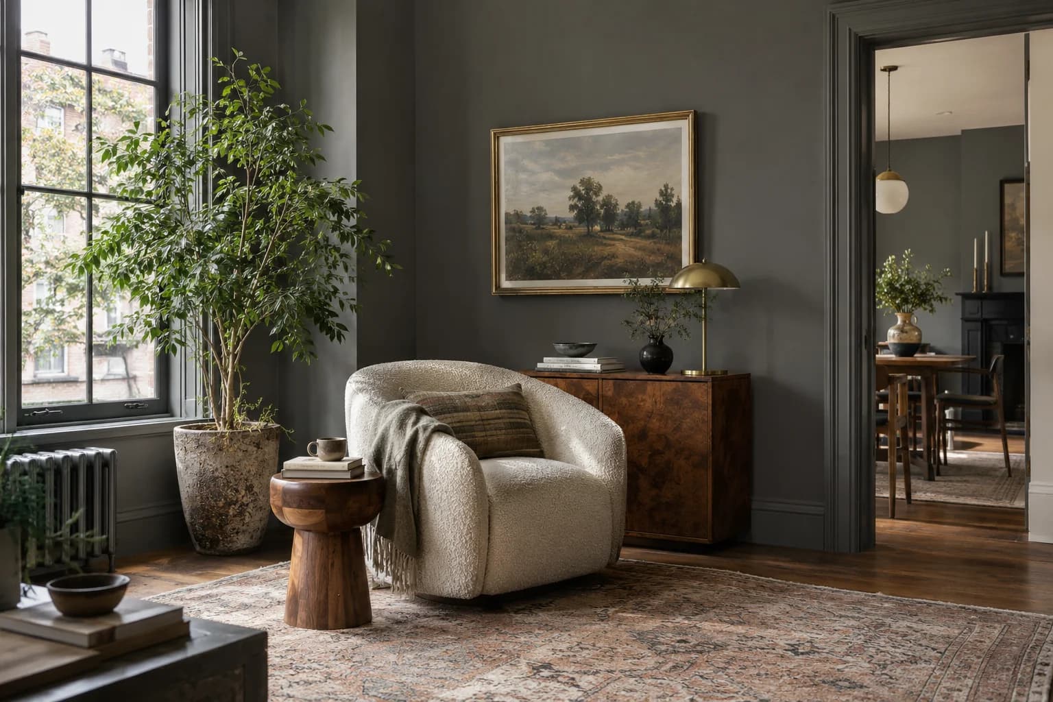 Reading nook with Kendall Charcoal walls and a cream armchair