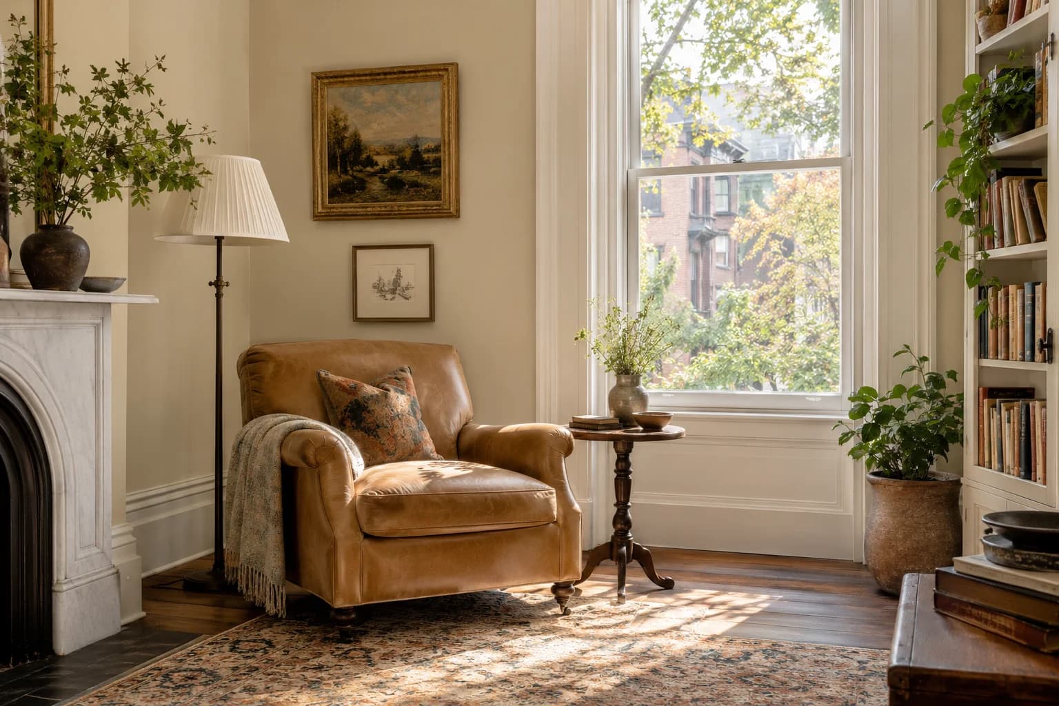 Reading nook with Manchester Tan walls and a cream armchair